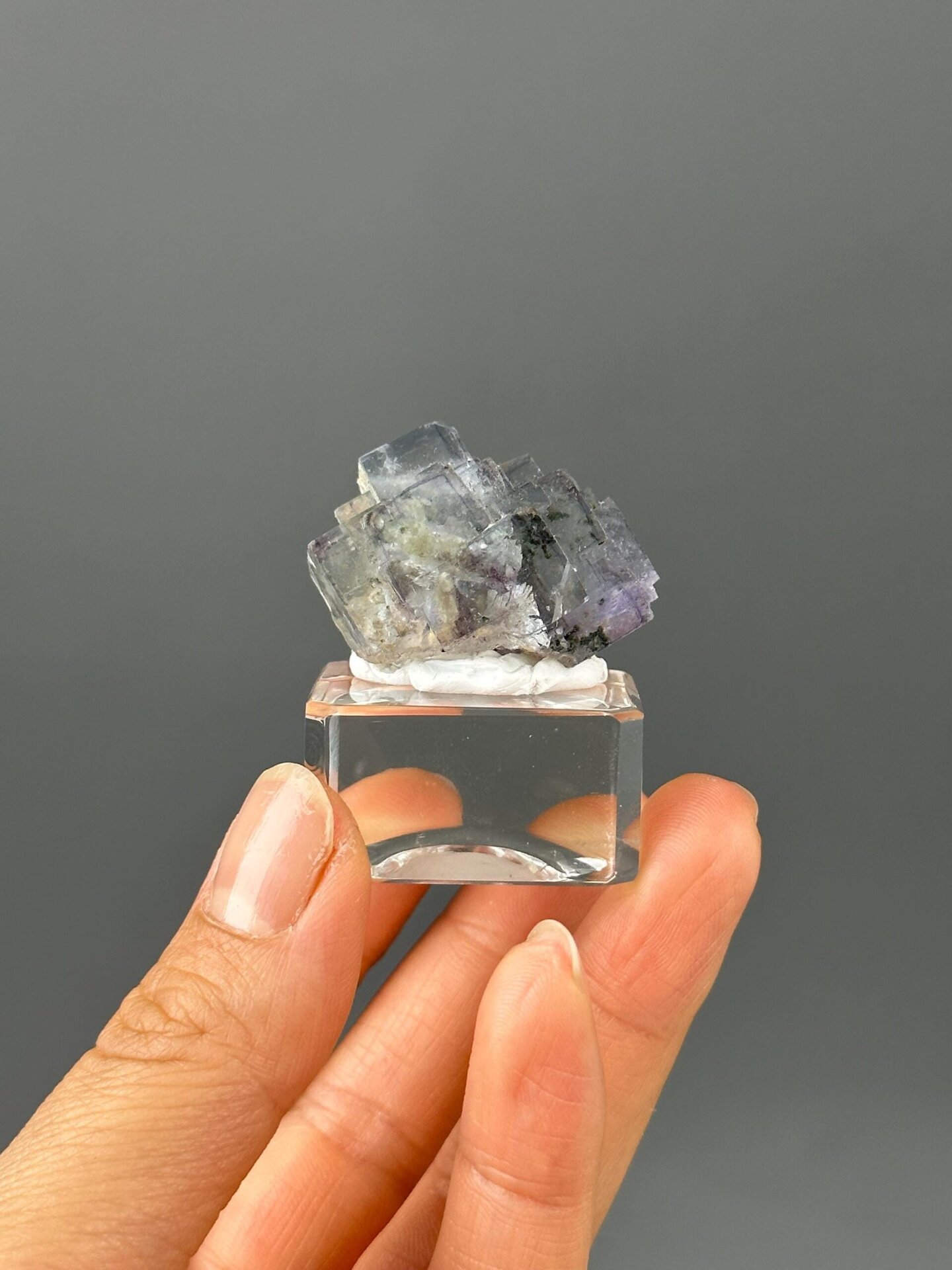 Pyrite inclusions inside transparent fluorite close-up