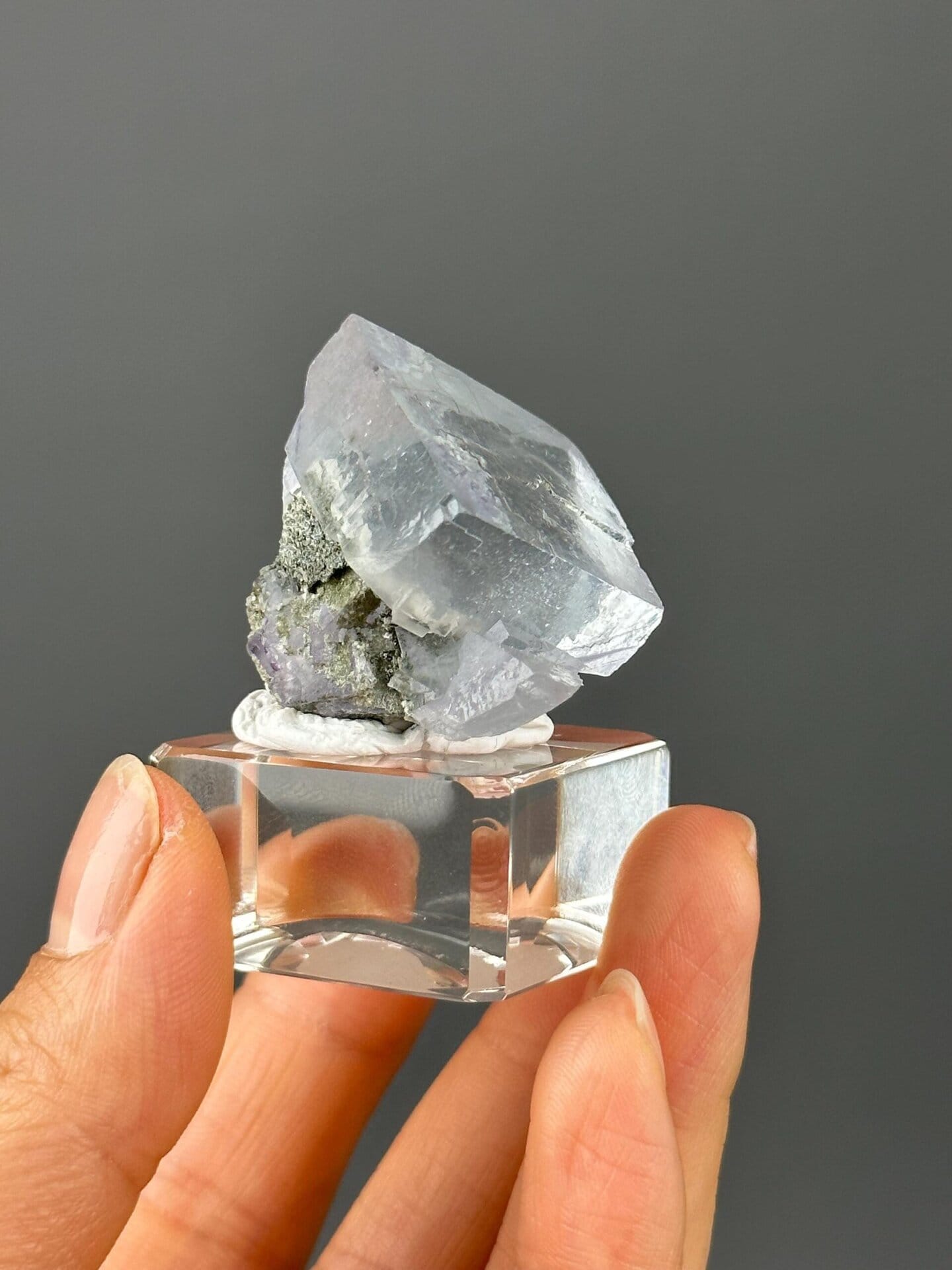 Purple phantom zoning inside light blue fluorite close-up