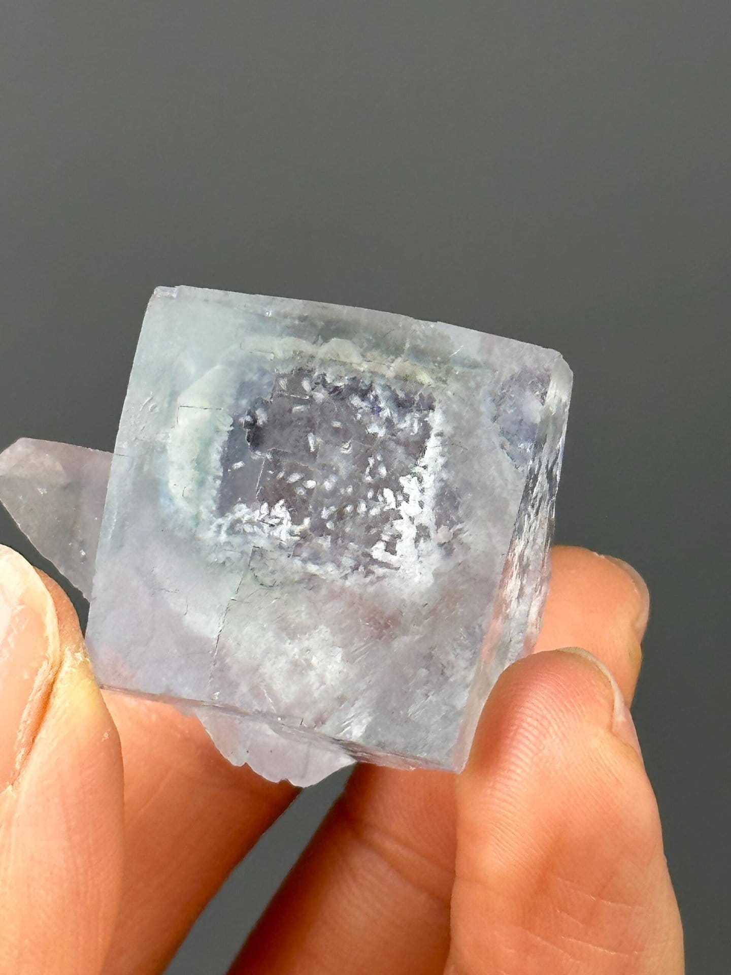Light blue twin fluorite with phantom Yaogangxian front view
