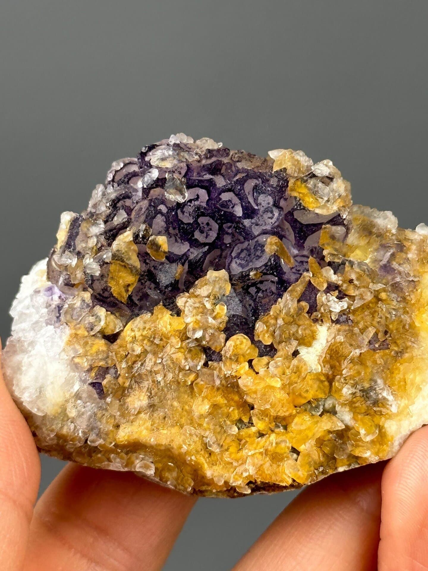 Front view of purple fluorite cubes with golden calcite from Guizhou