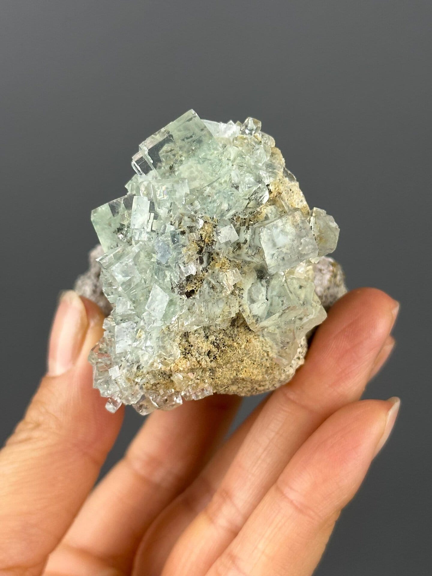 Close-up of stepped growth layers on mushroom fluorite