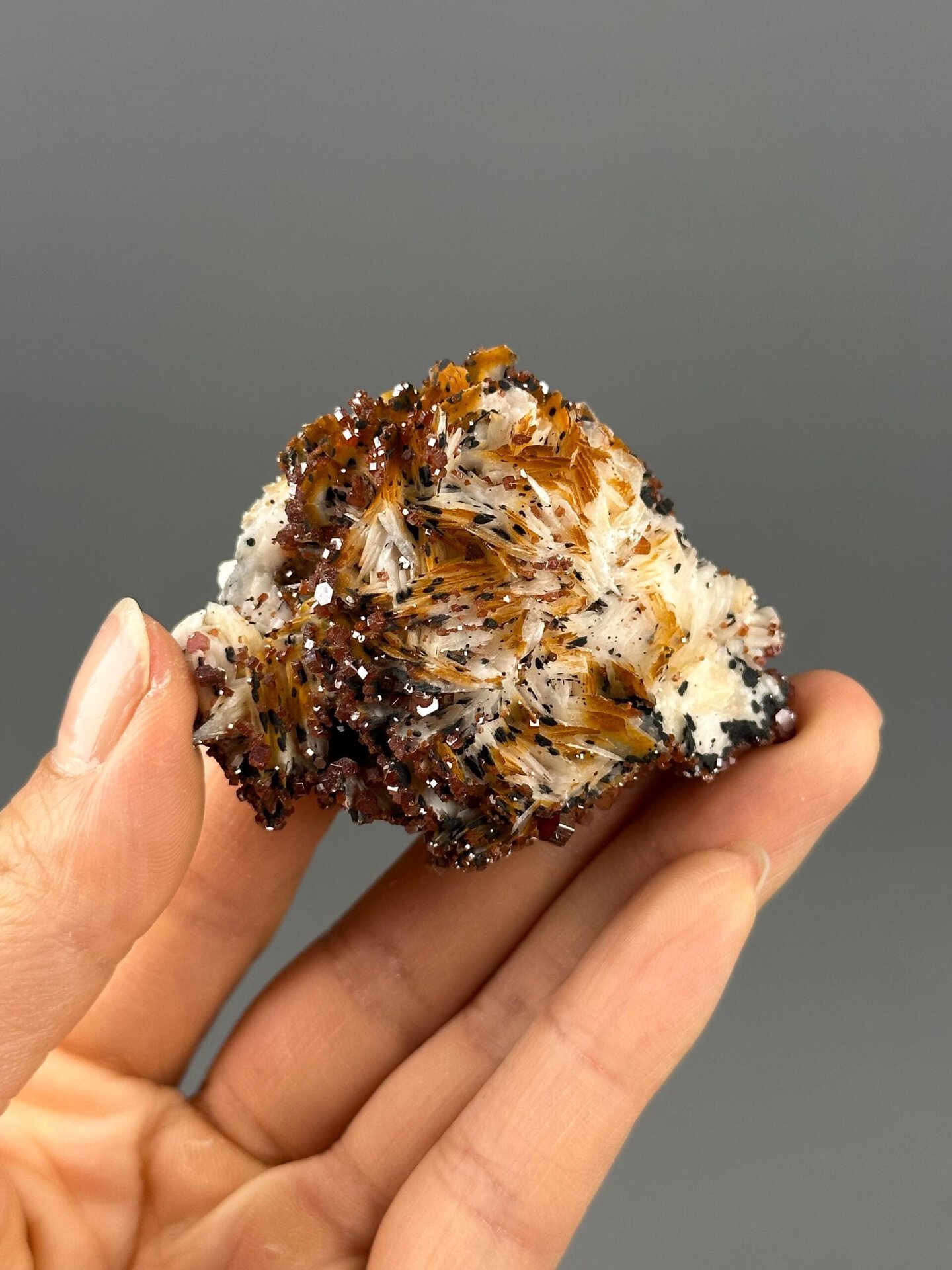 Close-up of hexagonal red vanadinite crystal cross-sections