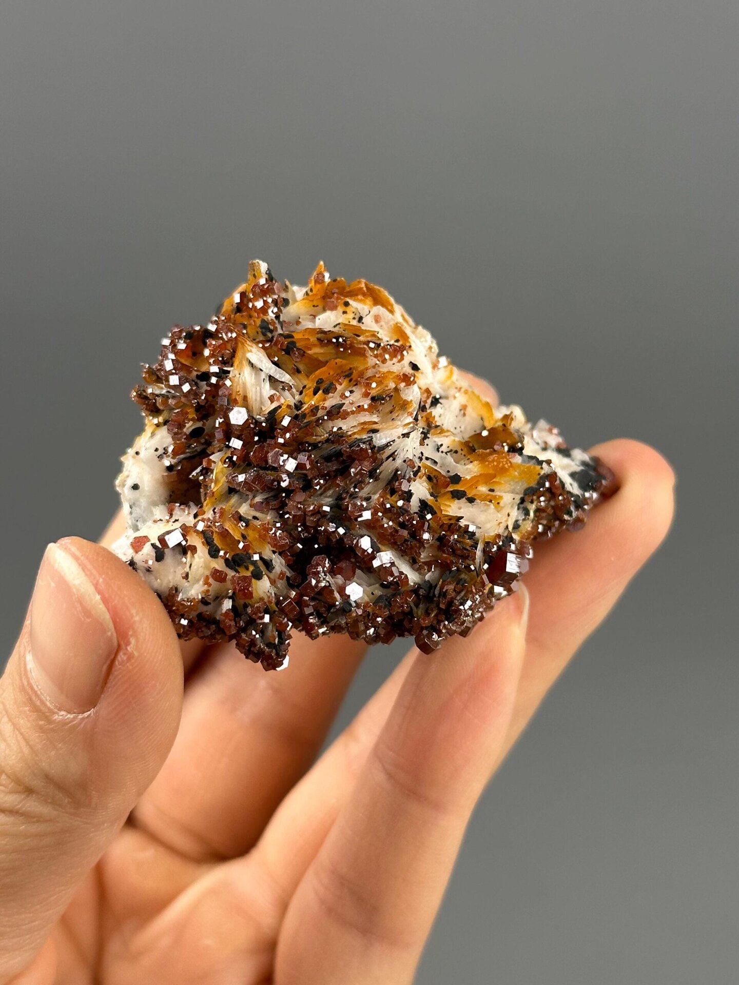 Contrasting matrix beneath red vanadinite crystals