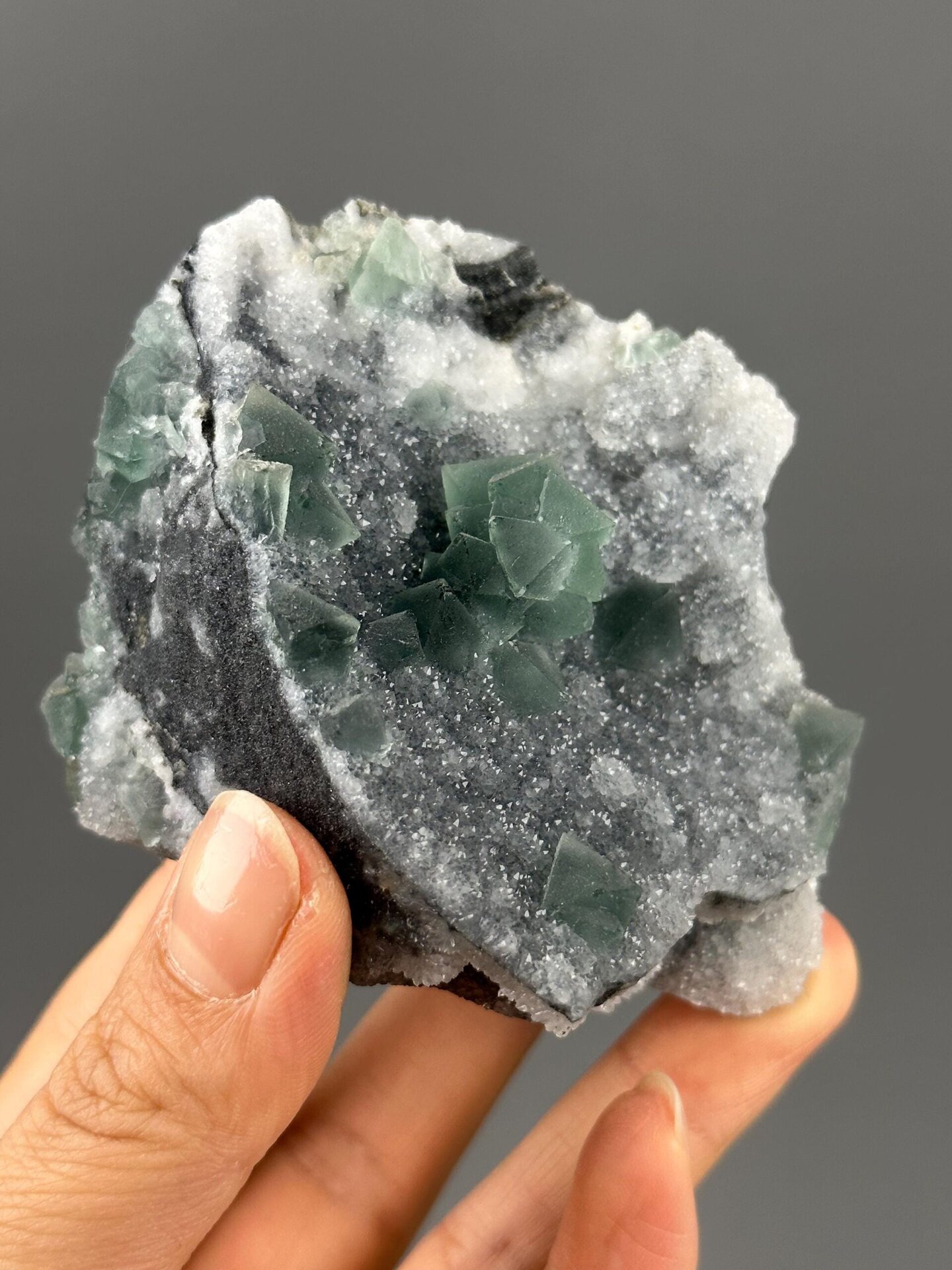 Octahedral fluorite coated in fine quartz close-up