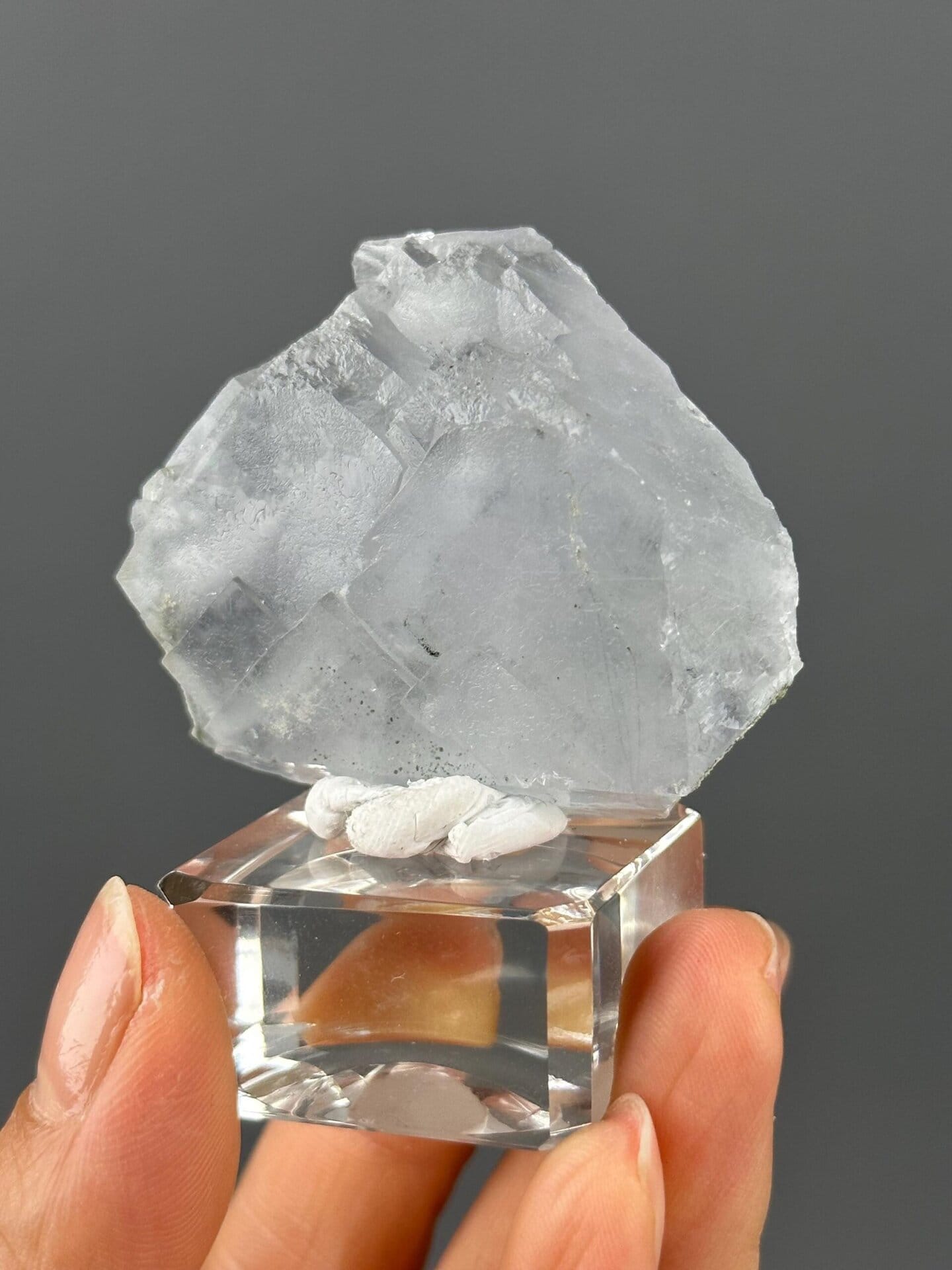 Close-up of blue phantom inclusions inside white fluorite