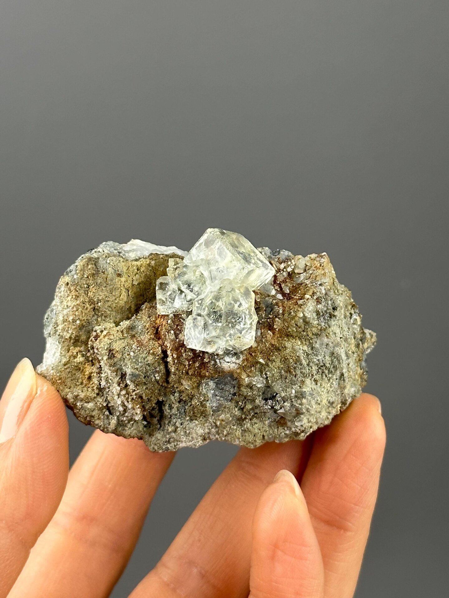 Back view of green fluorite on matrix specimen