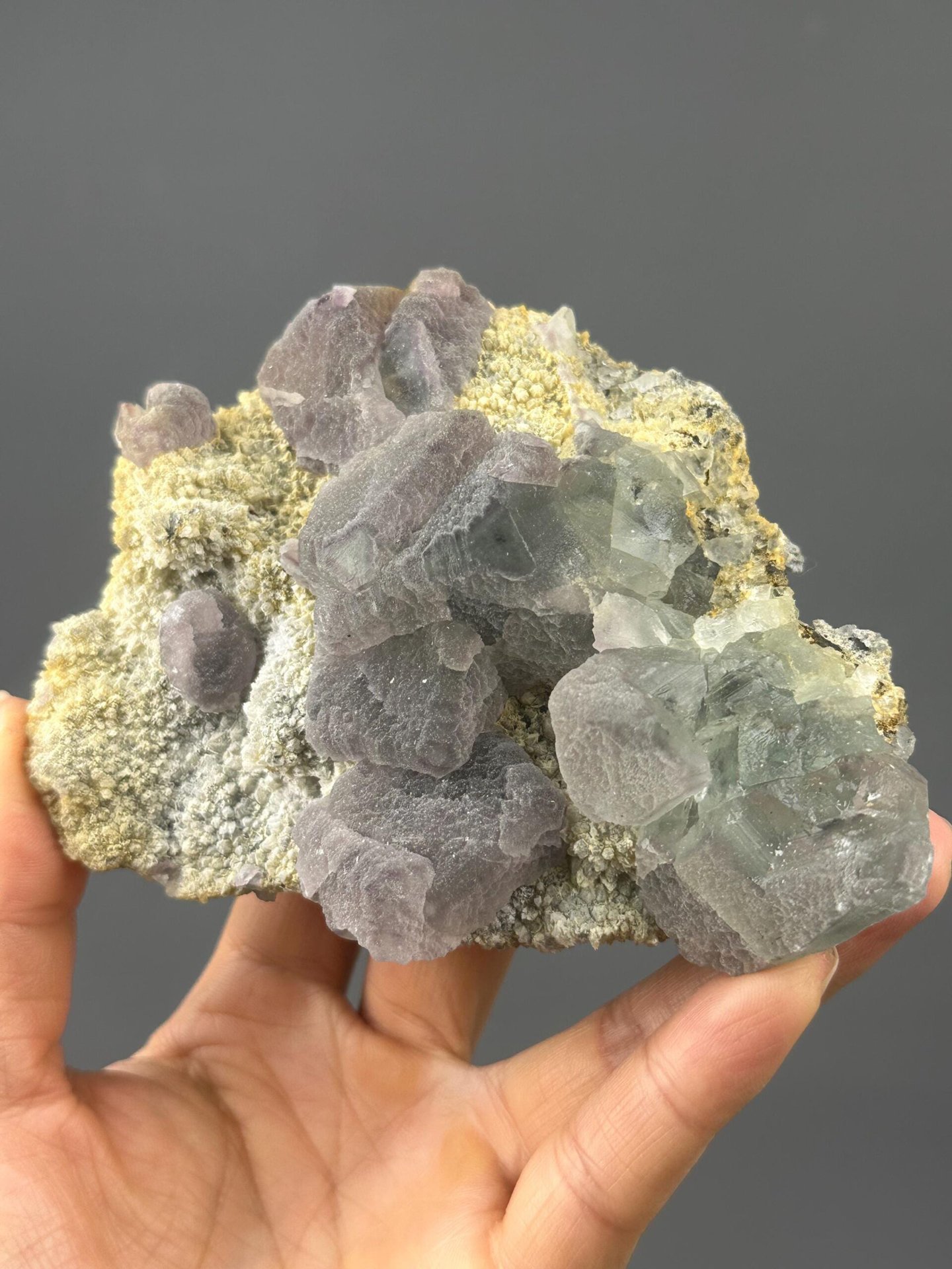 Close-up of purple fluorite crystals showing vitreous luster