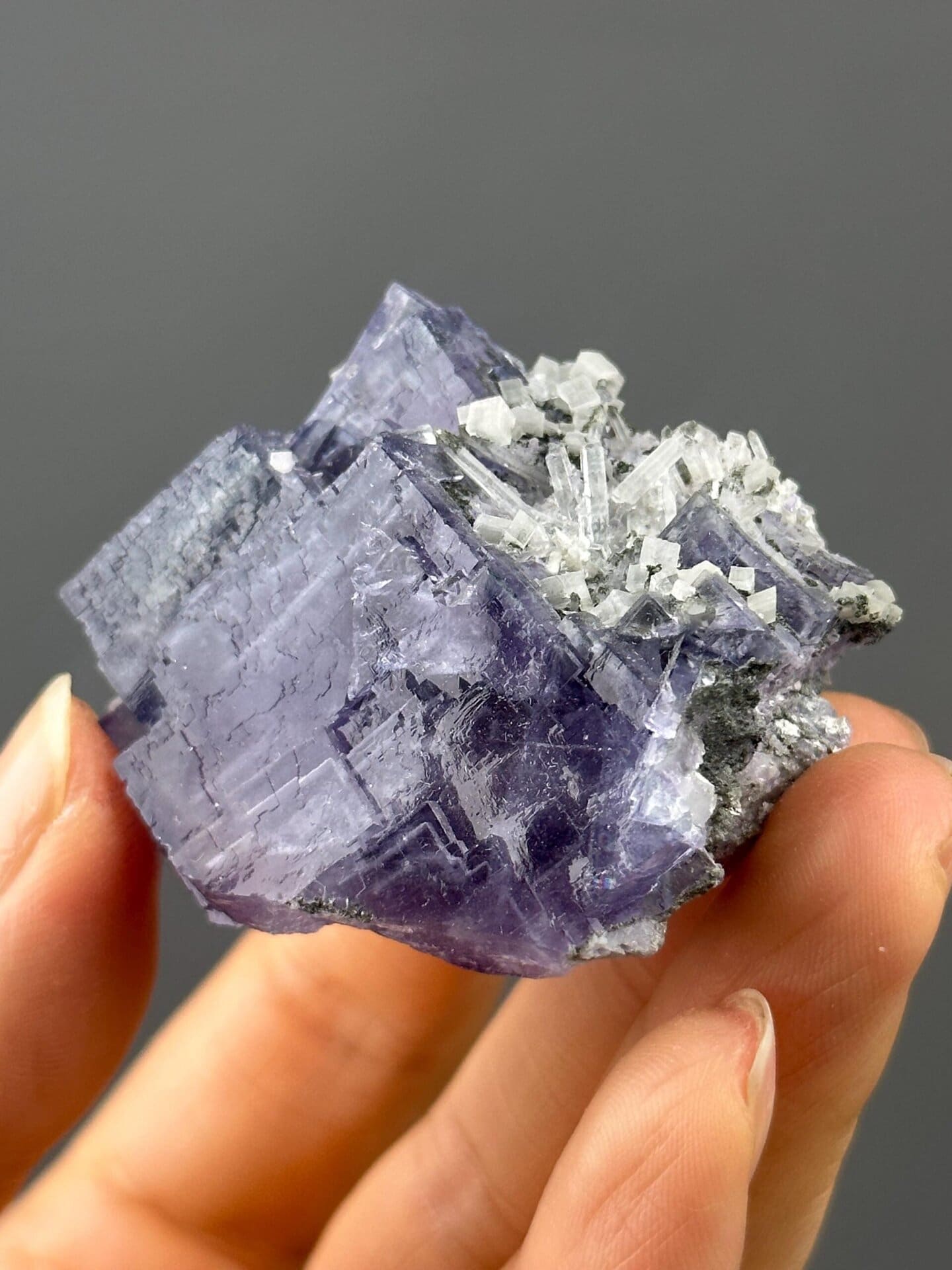 Deep purple twinned fluorite with calcite from Yaogangxian Mine, Hunan