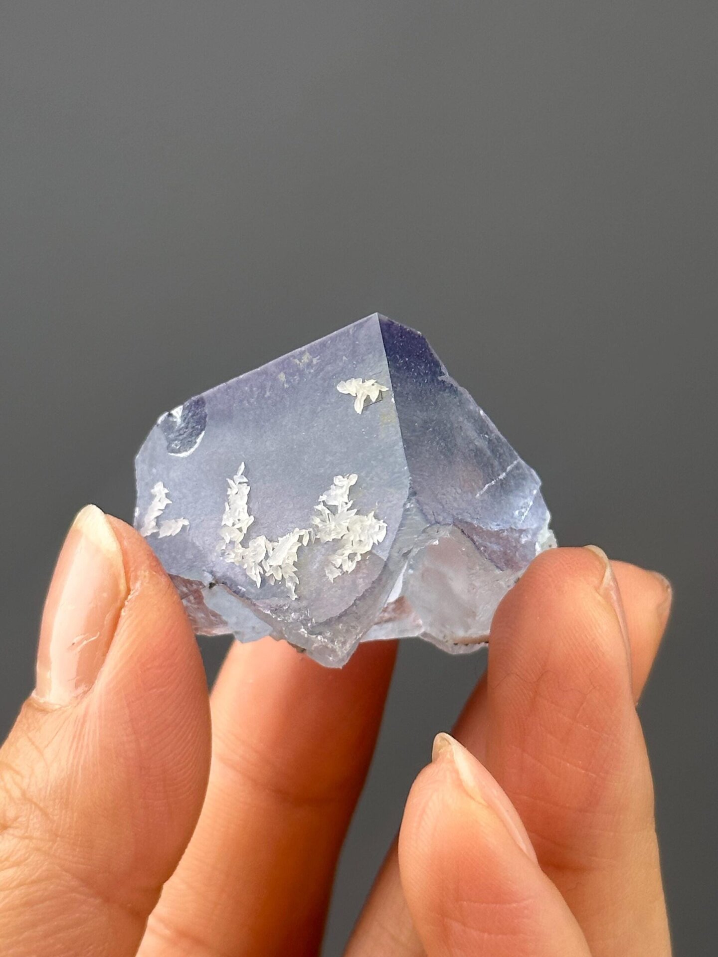 Front view of blue-purple fluorite showing petal calcite