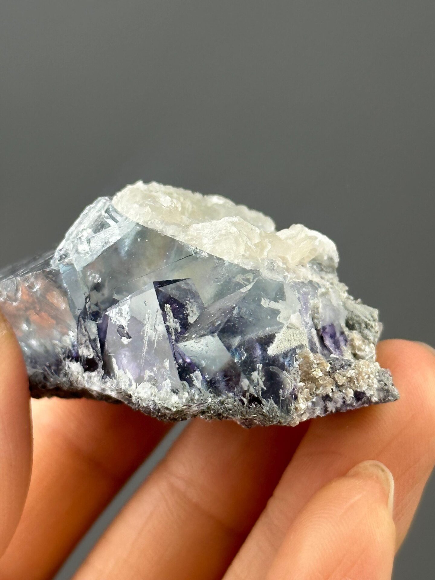 Close-up of purple fluorite twin crystals