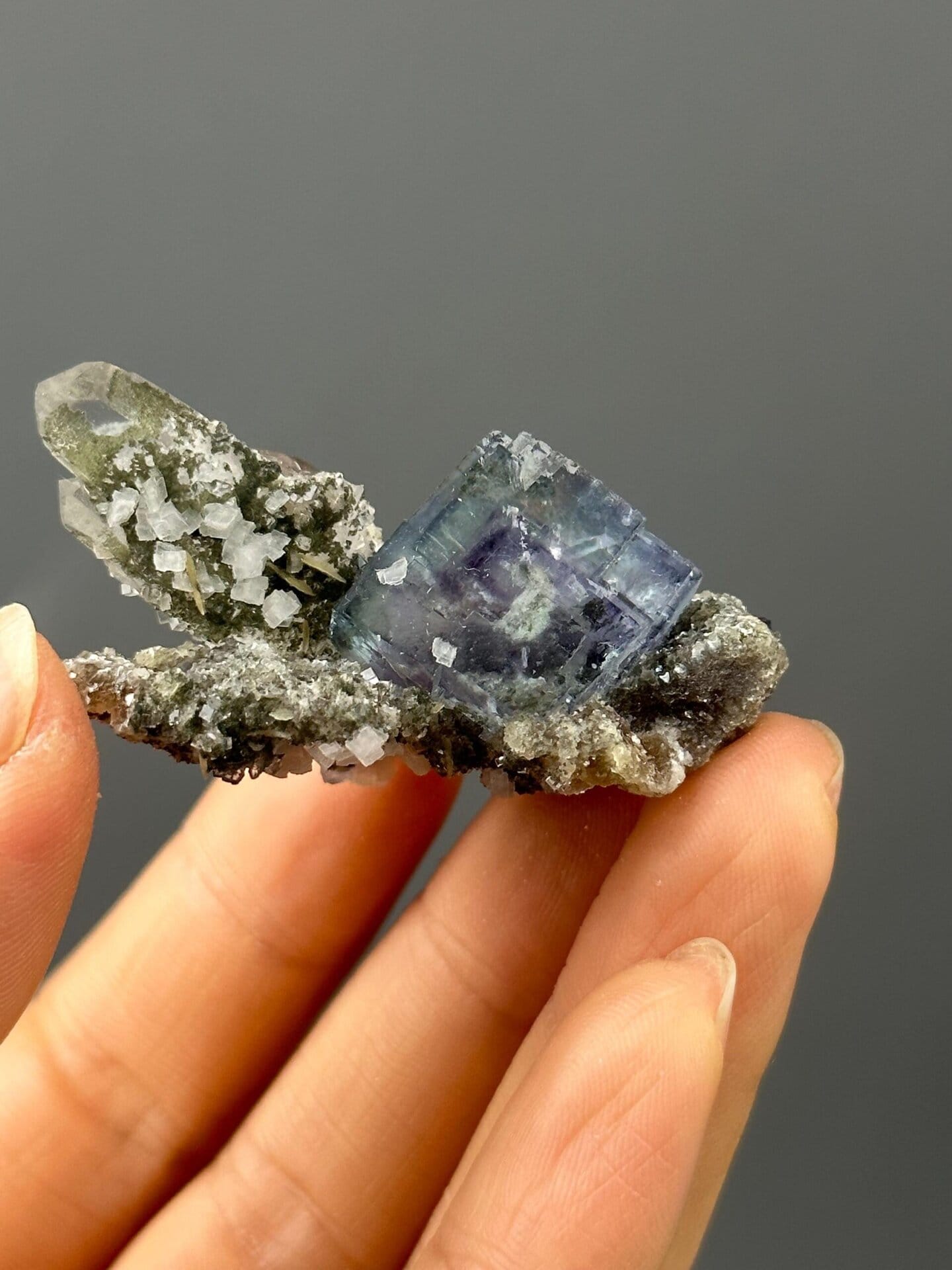 Close-up of step growth pattern in purple phantom fluorite