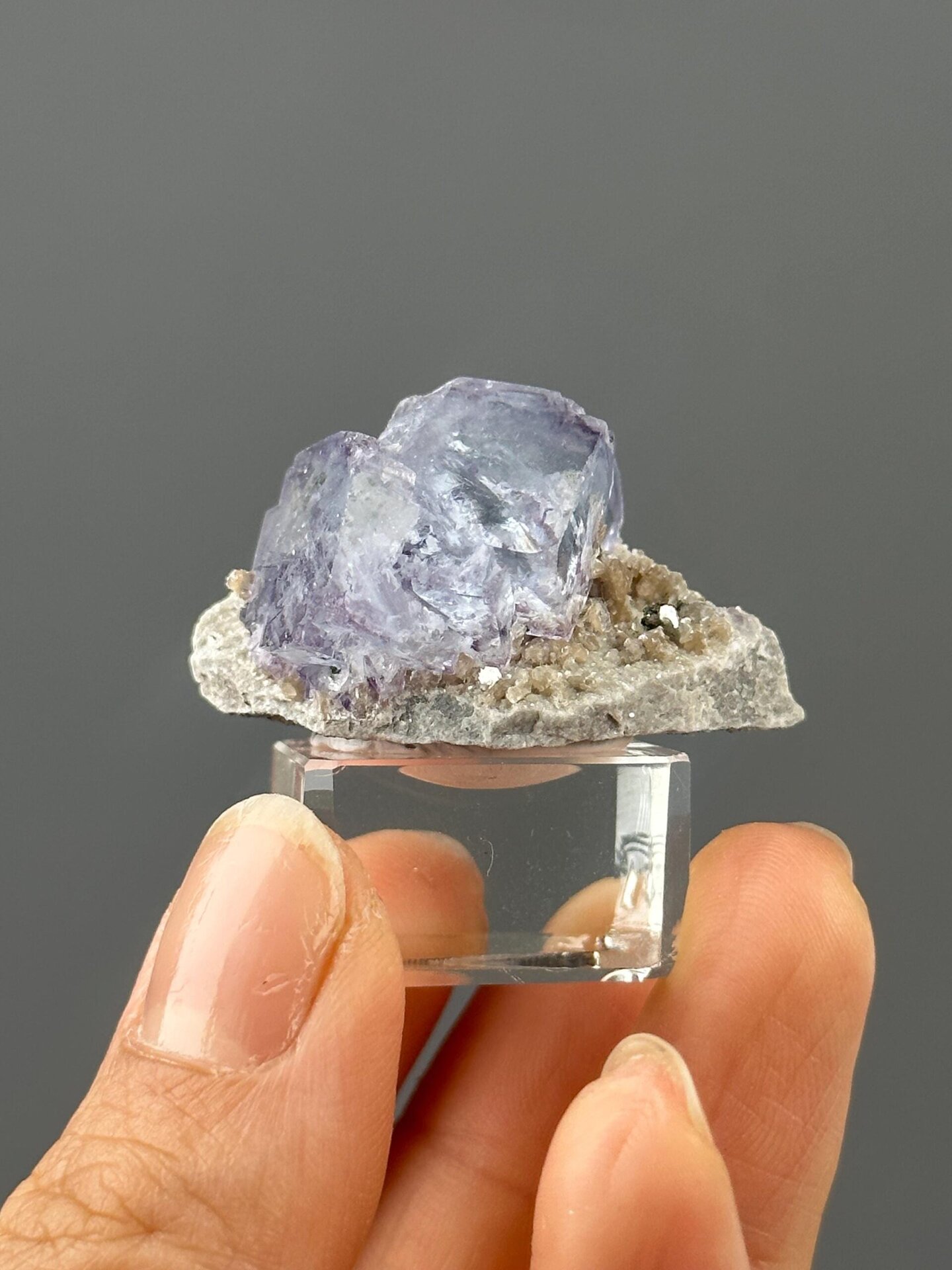 Front view of purple fluorite showing stepped dissolution