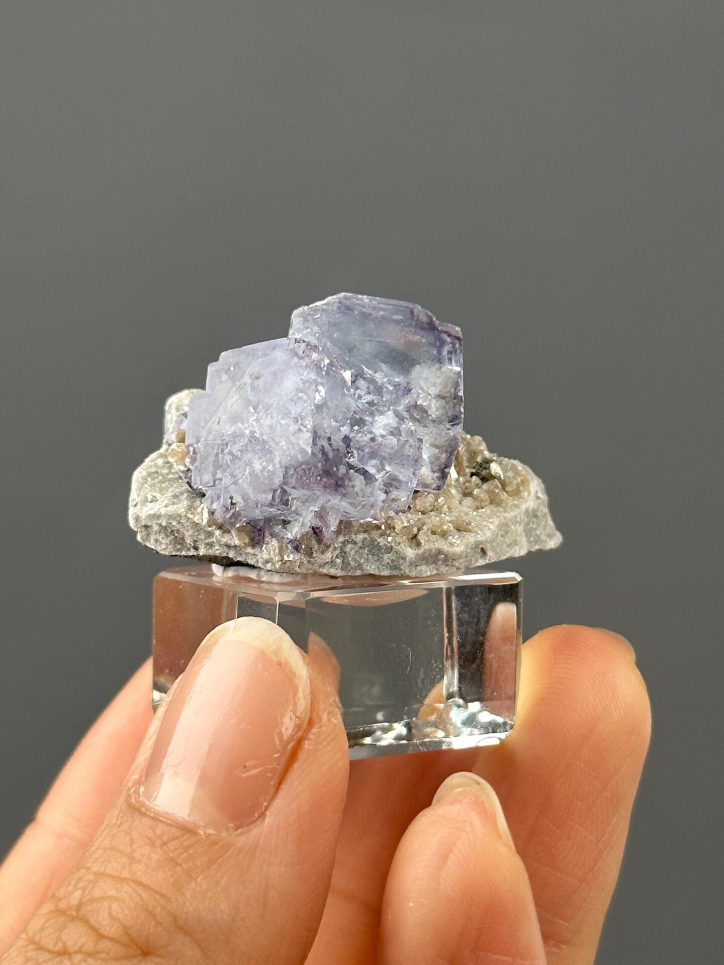 Close-up of etched layered dissolution on purple fluorite