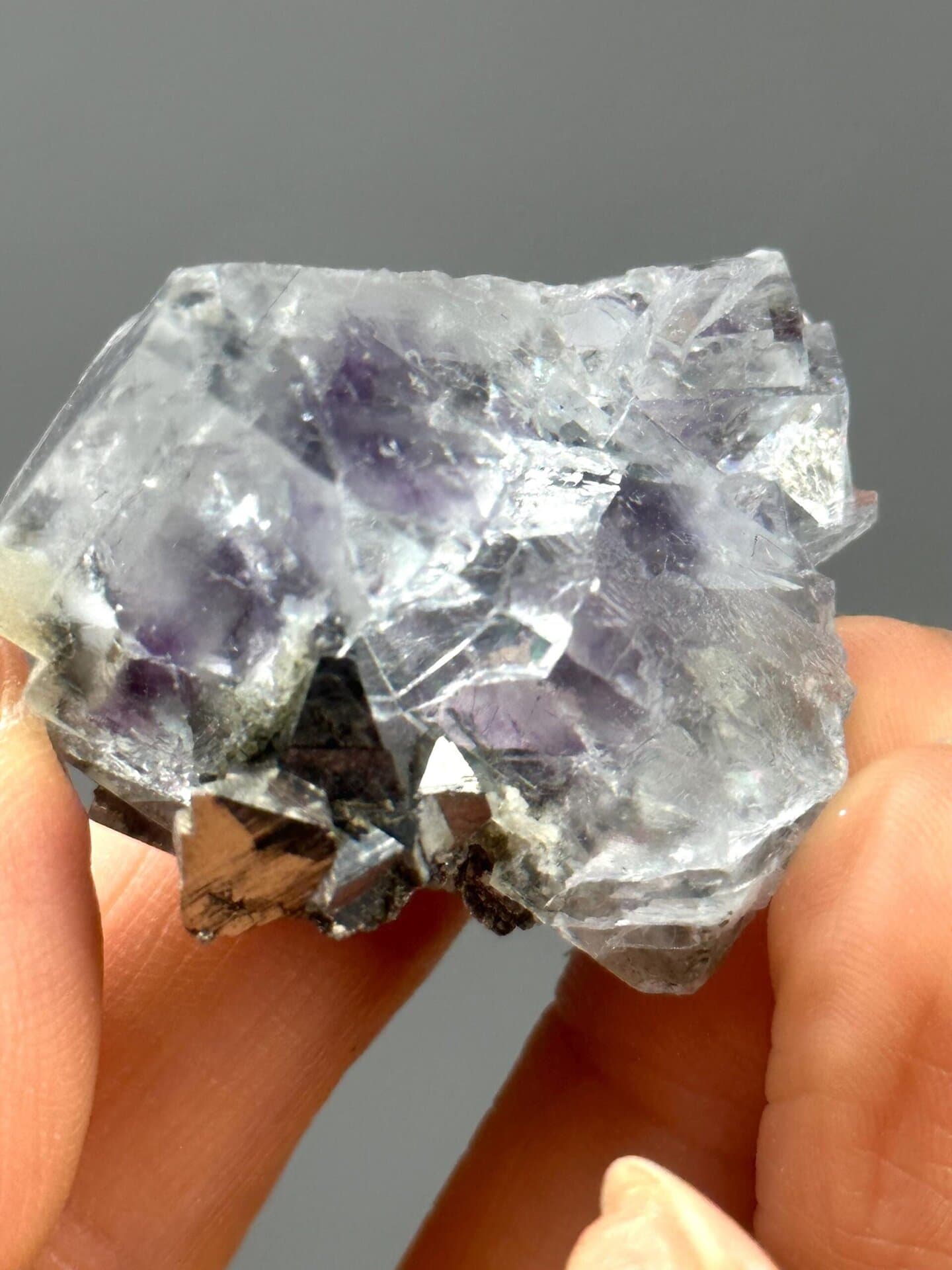 Close-up of golden pyrite crystals on fluorite