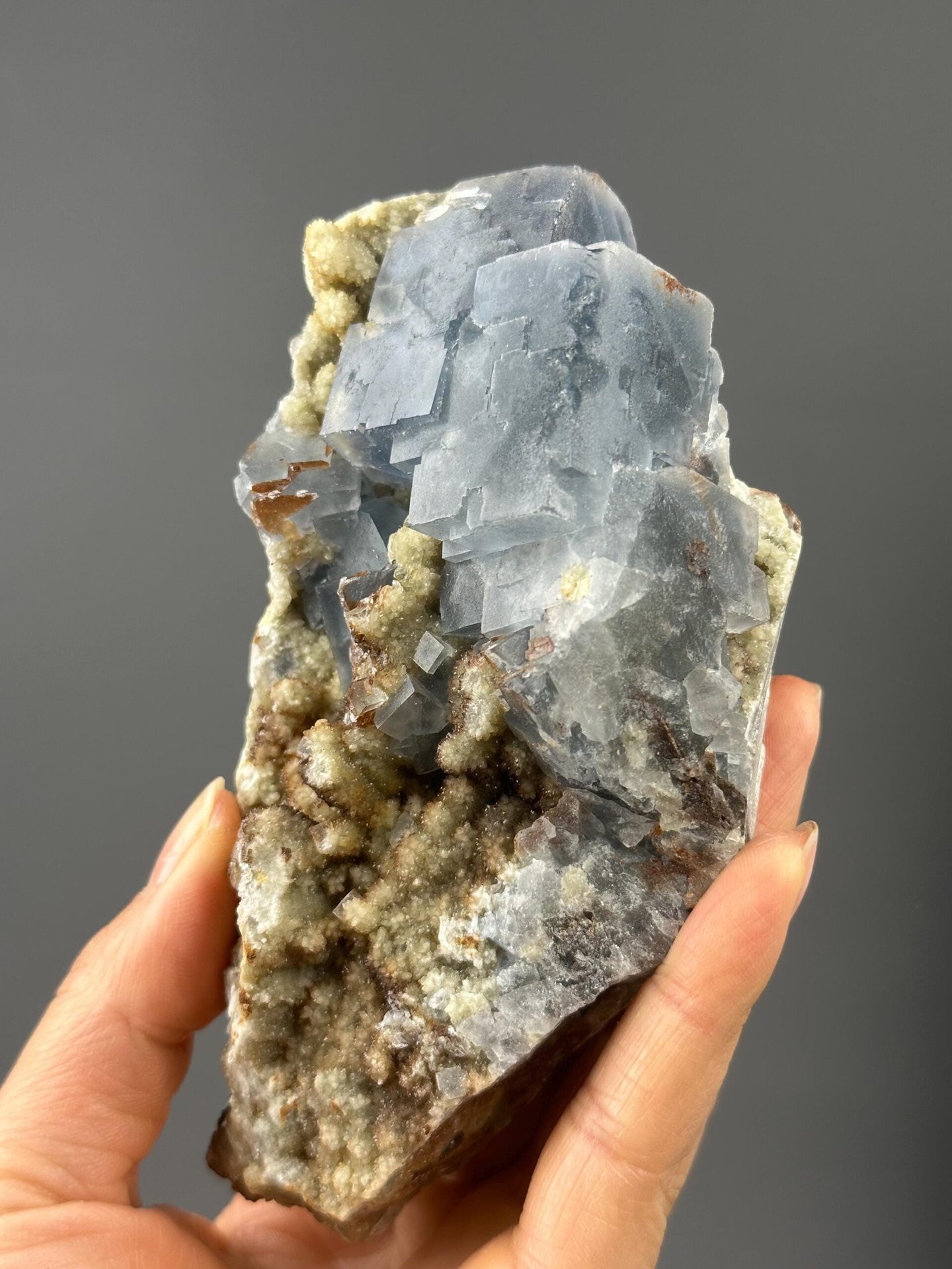 Front view of blue fluorite cluster on dolomite, 5.5×2.3×1.7 in