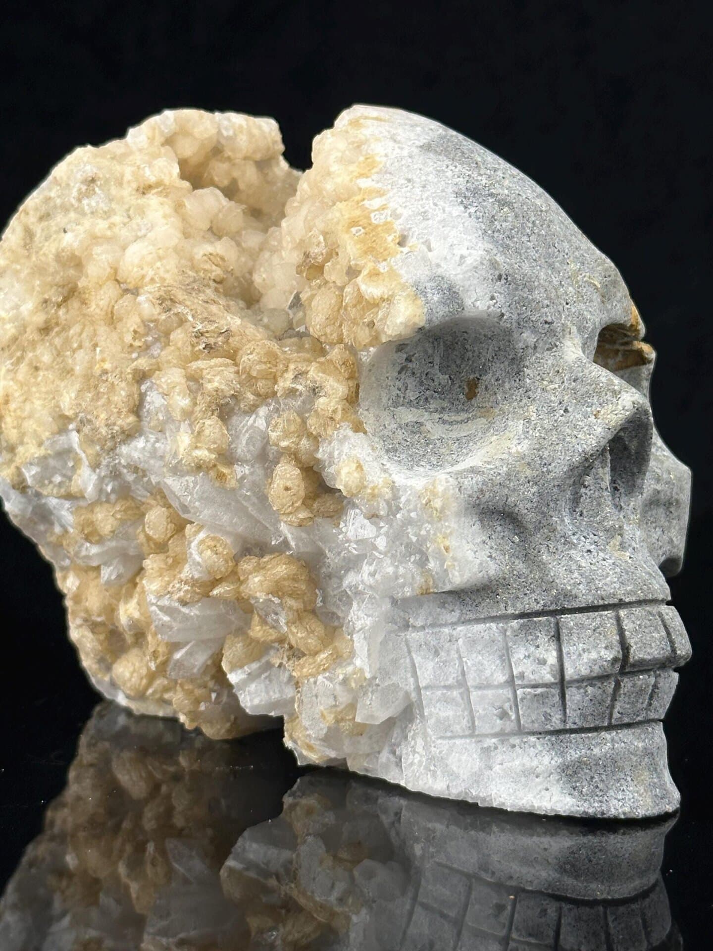 Extra-large natural druzy quartz geode skull, 1270 g display piece