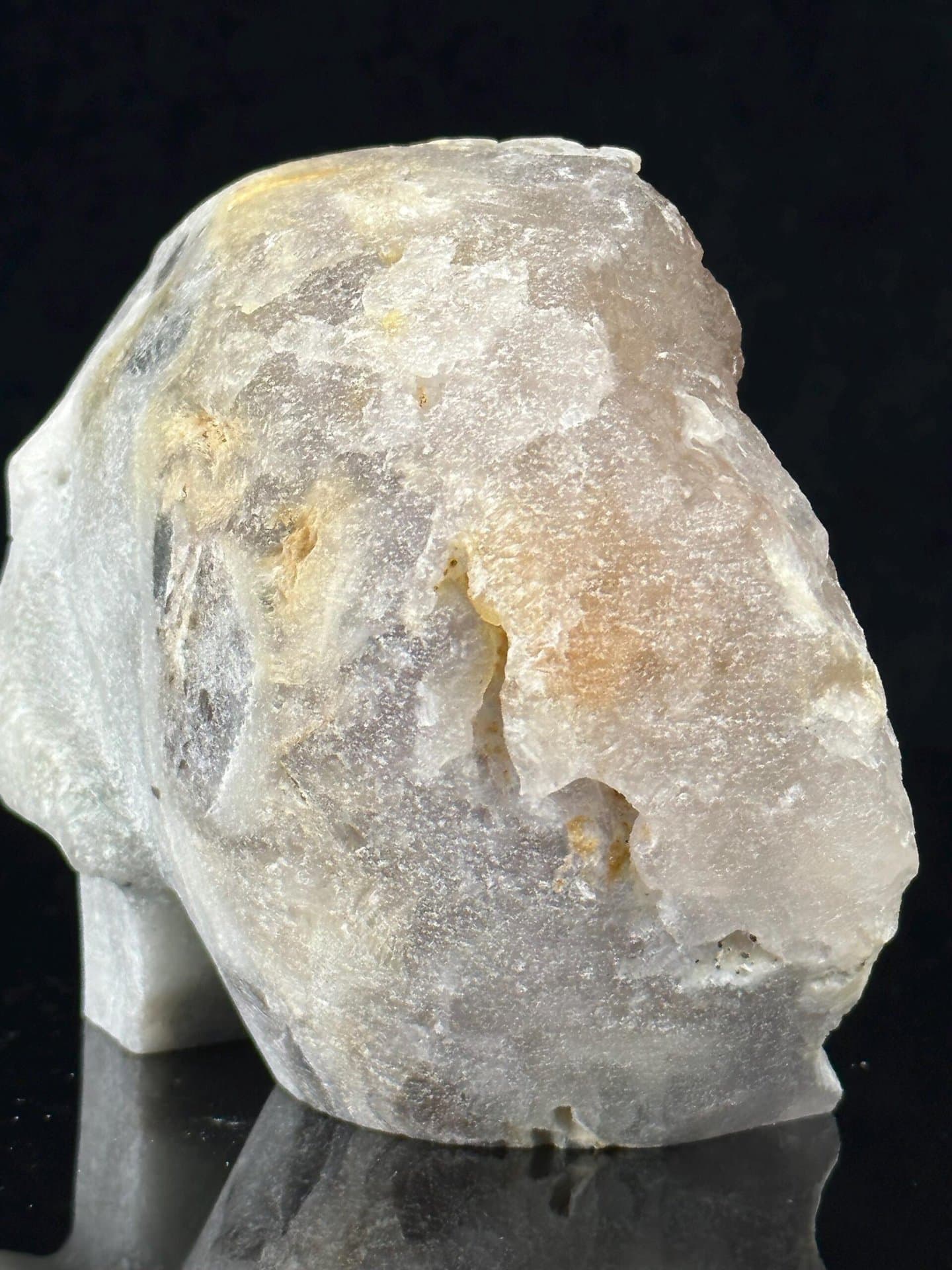 Angled view of large quartz geode skull