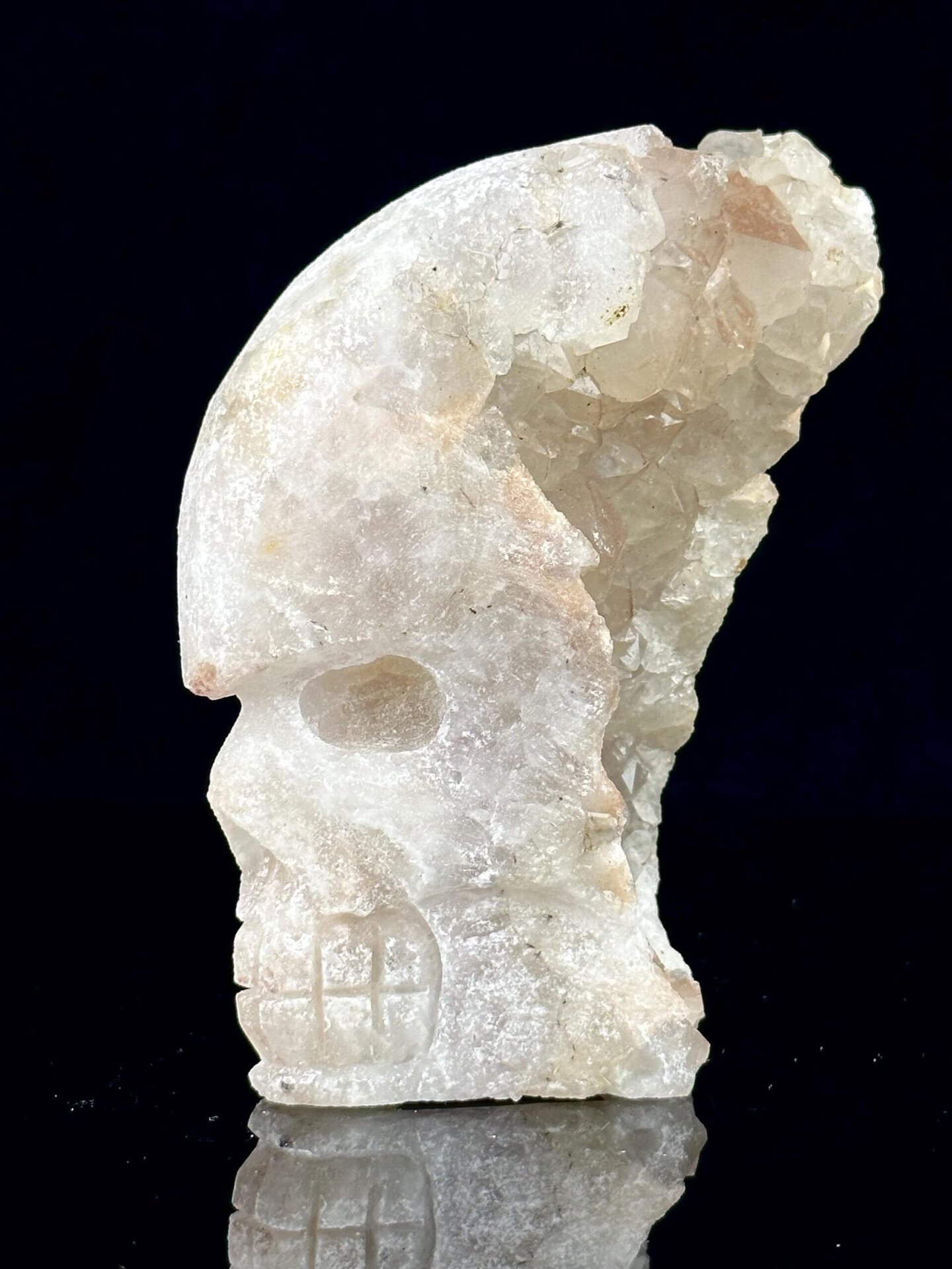 Back view of hand-carved quartz crystal skull