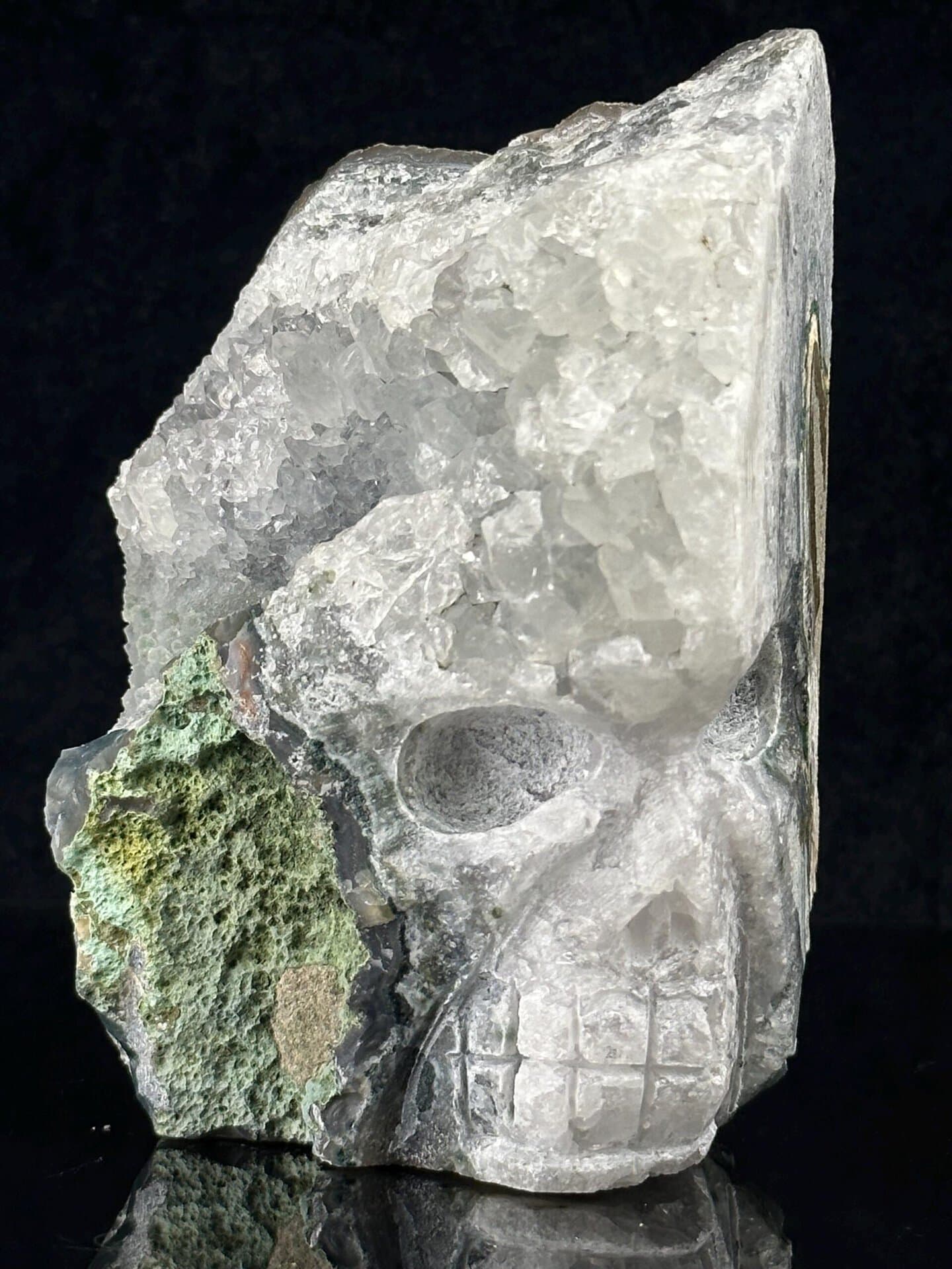 Hand-carved quartz geode skull with malachite, 13.76 oz display piece