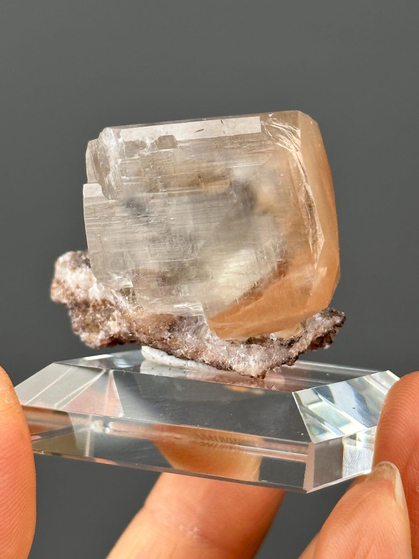 Close-up of calcite crystal faces showing vitreous luster