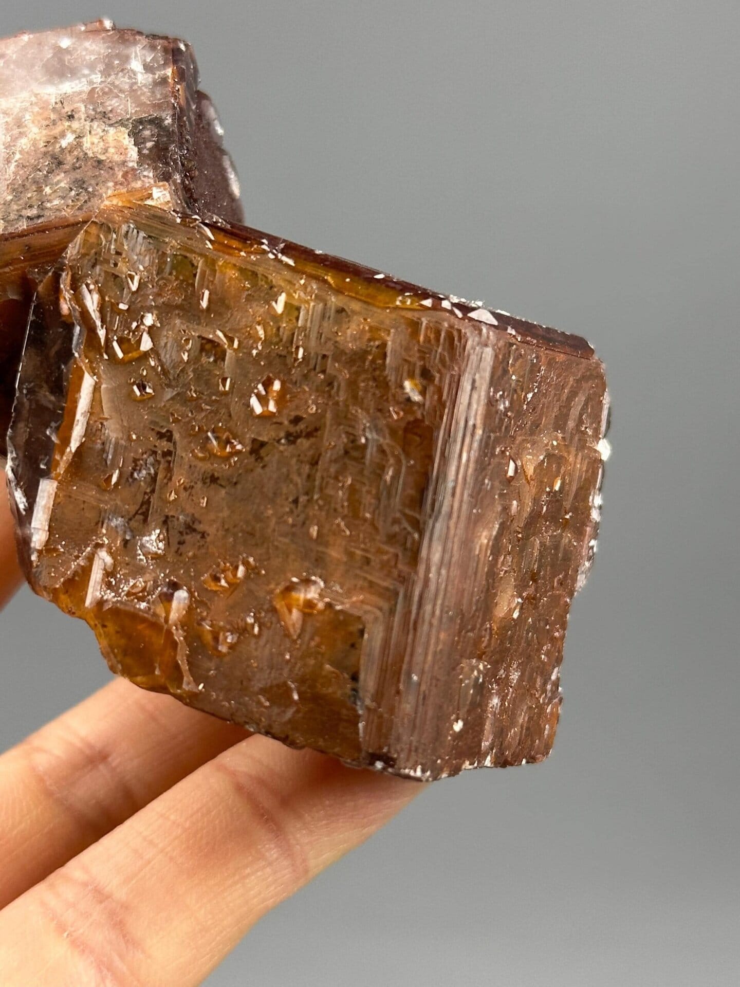 Angled view of twinned chocolate calcite specimen