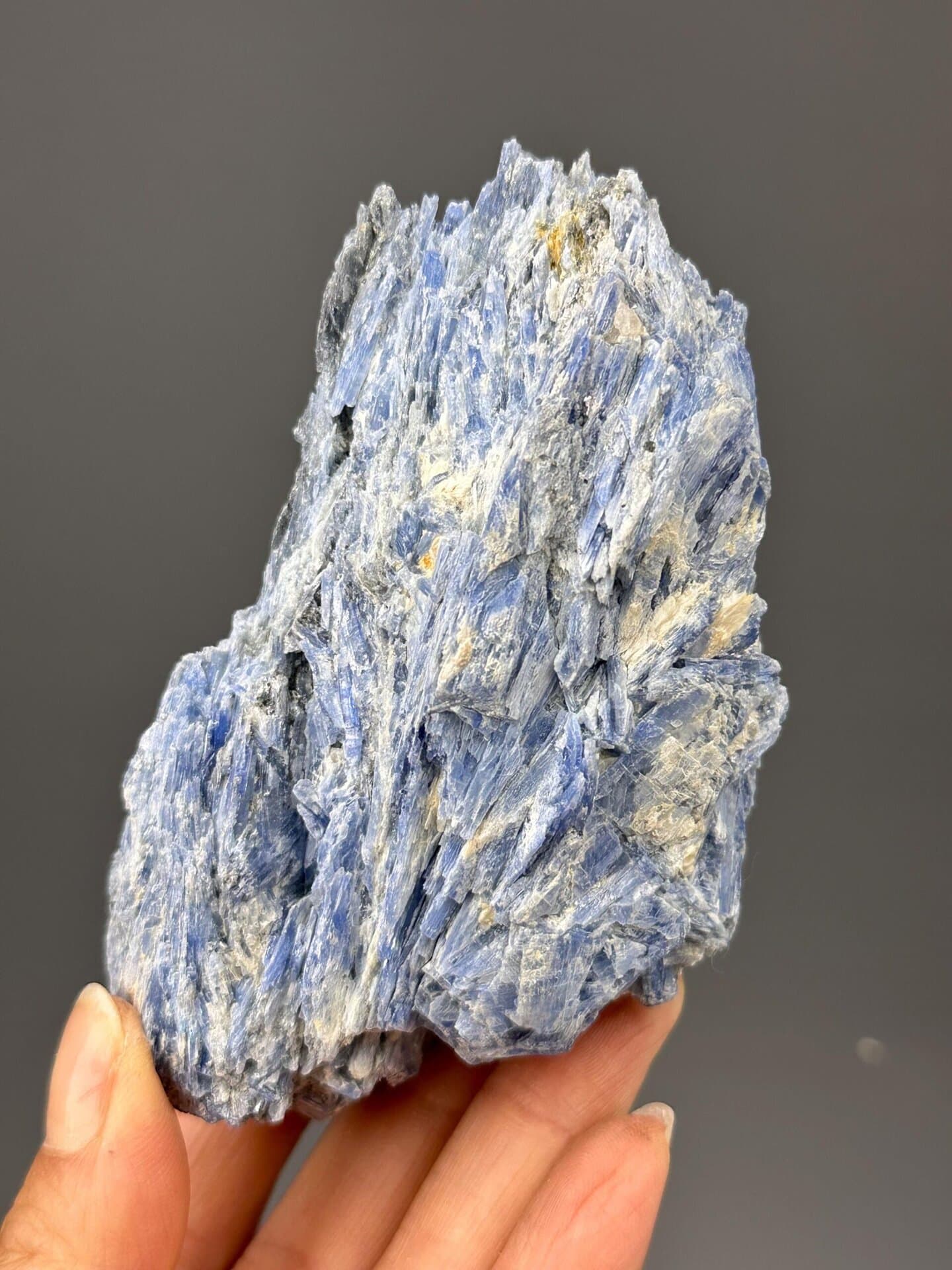 Close-up of blue kyanite blades showing vitreous luster
