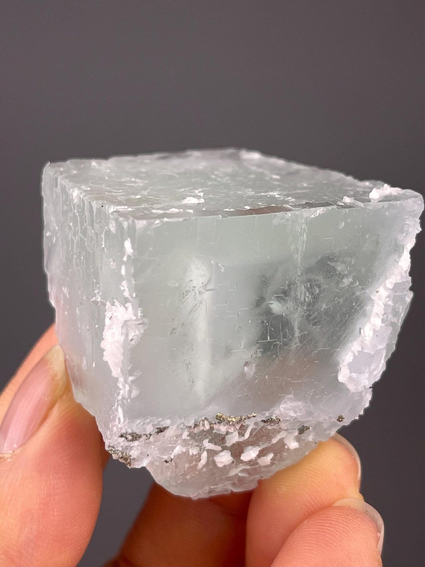 Blue UV-reactive fluorite crystal with calcite inclusions, Yaogangxian Mine, Hunan