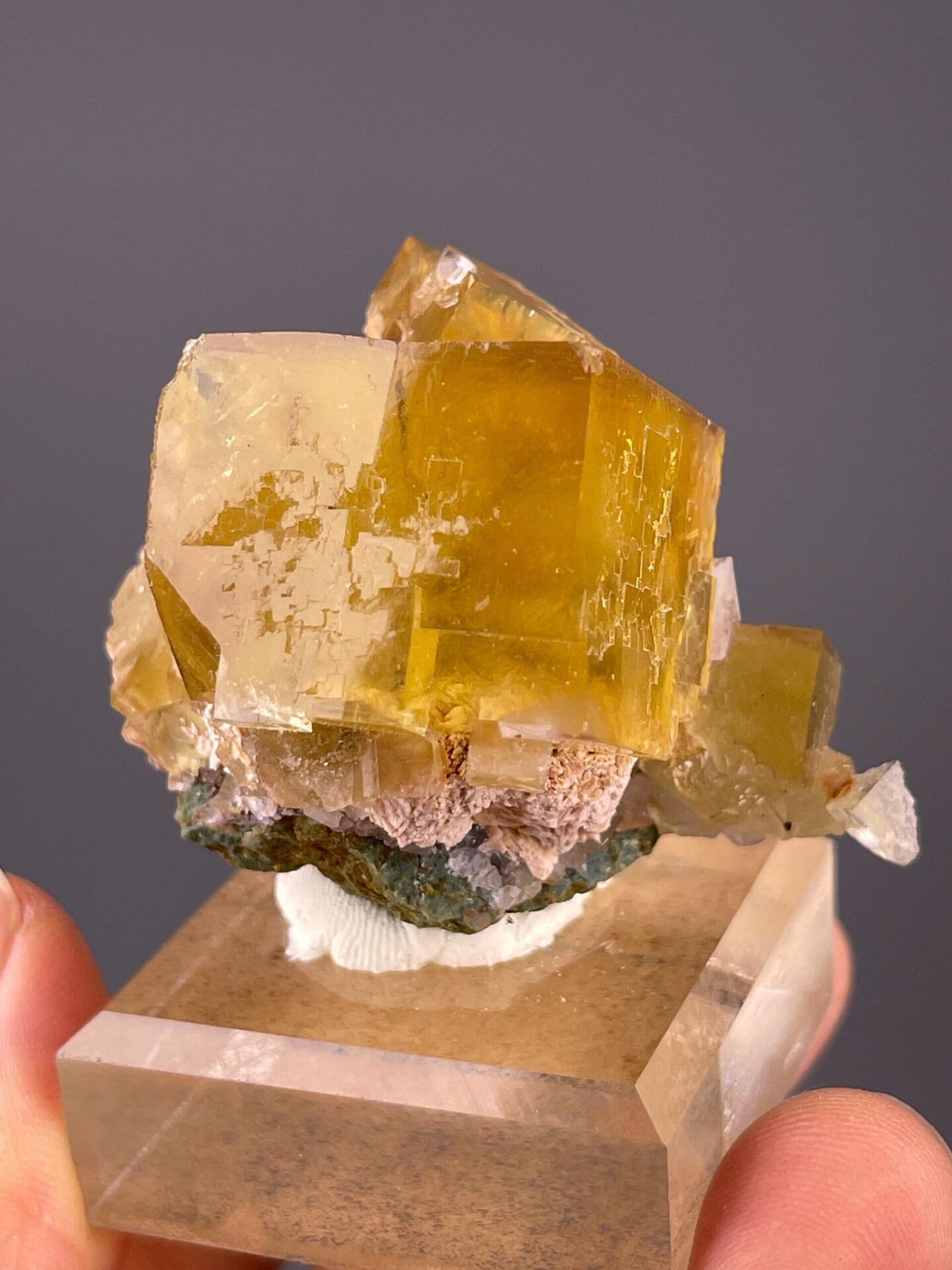 Close-up of golden fluorite crystal faces from Beijing