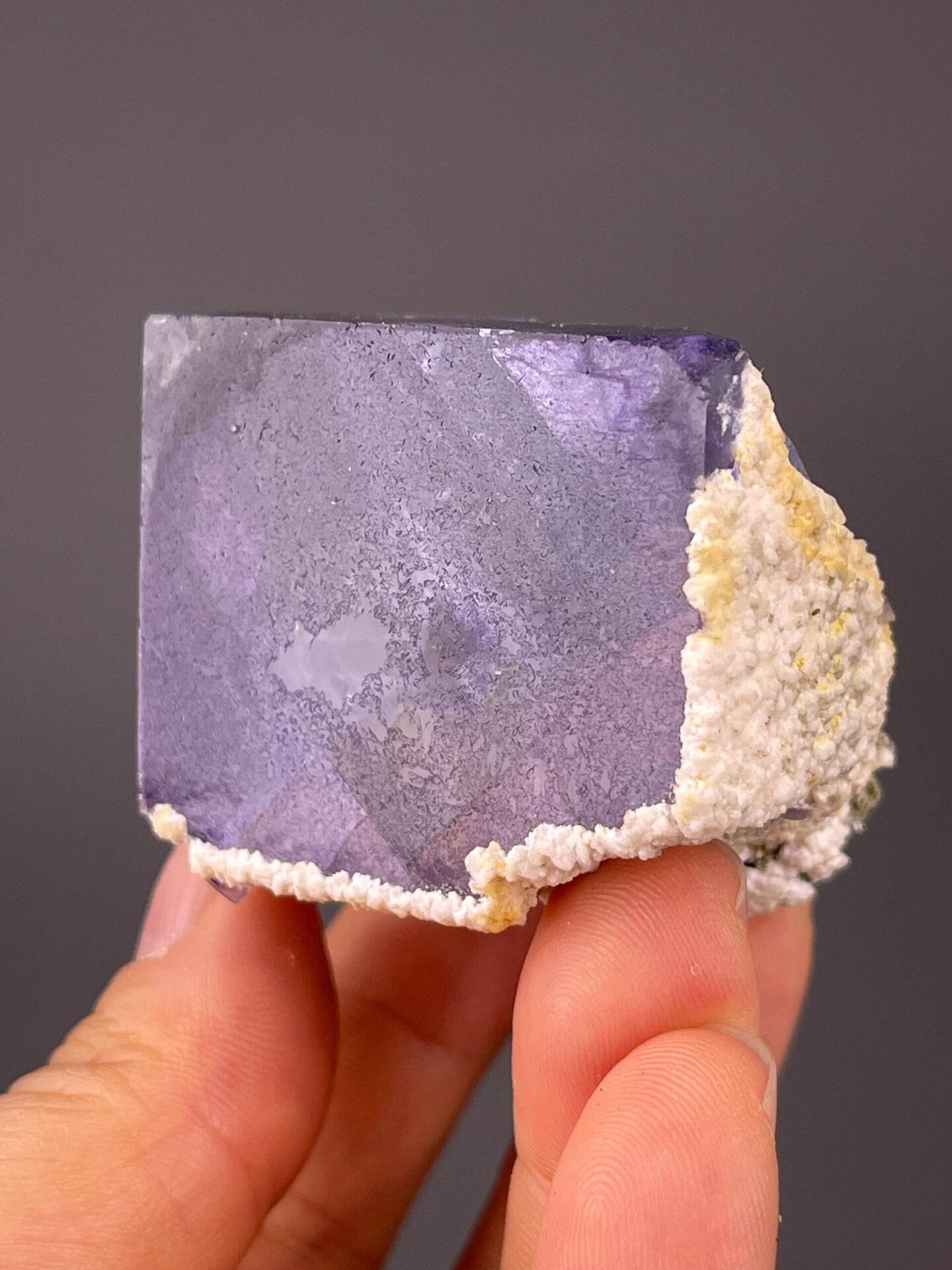 White calcite encrusting purple phantom fluorite crystal