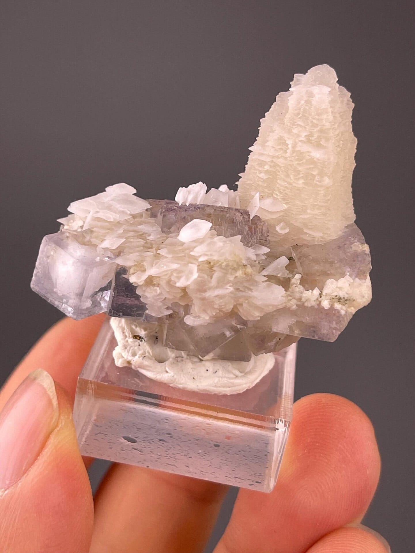Scale view of 1.5x1.2x1.3 in fluorite calcite cluster