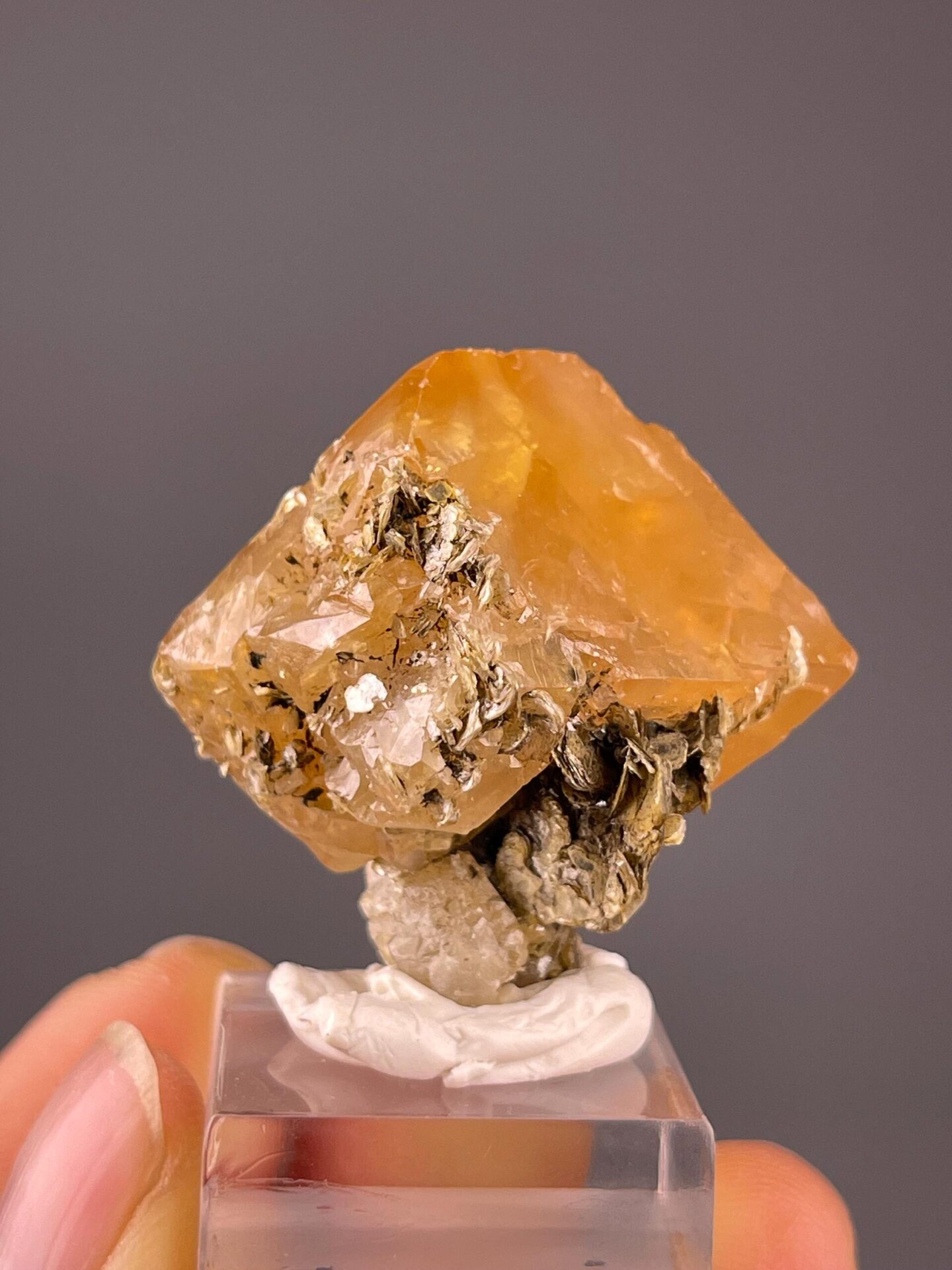 UV fluorescent scheelite on mica from Xuebaoding, China