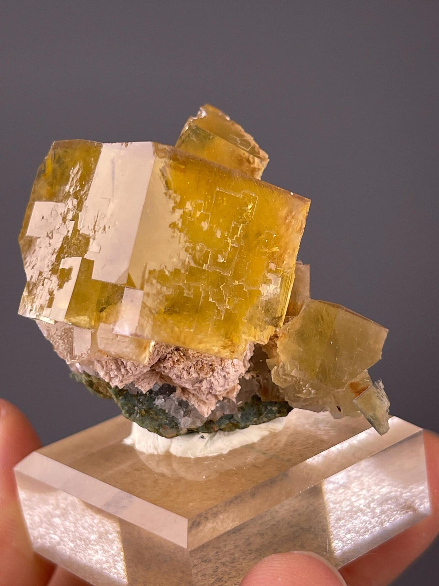Light refracting through yellow fluorite cubes, Beijing