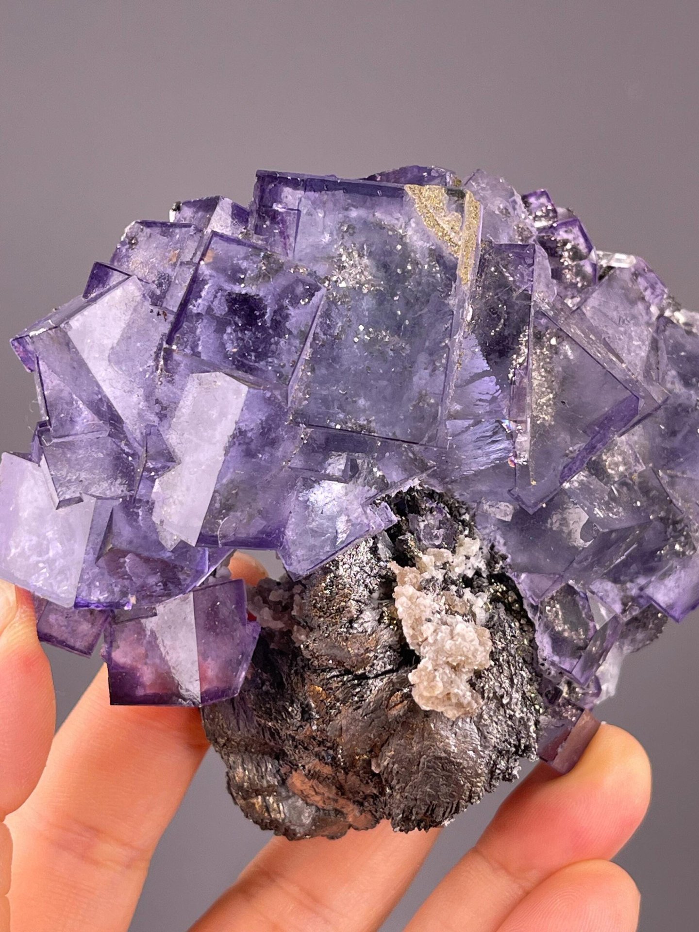 Yaogangxian phantom fluorite with pyrite, 13.05 oz, vitreous luster