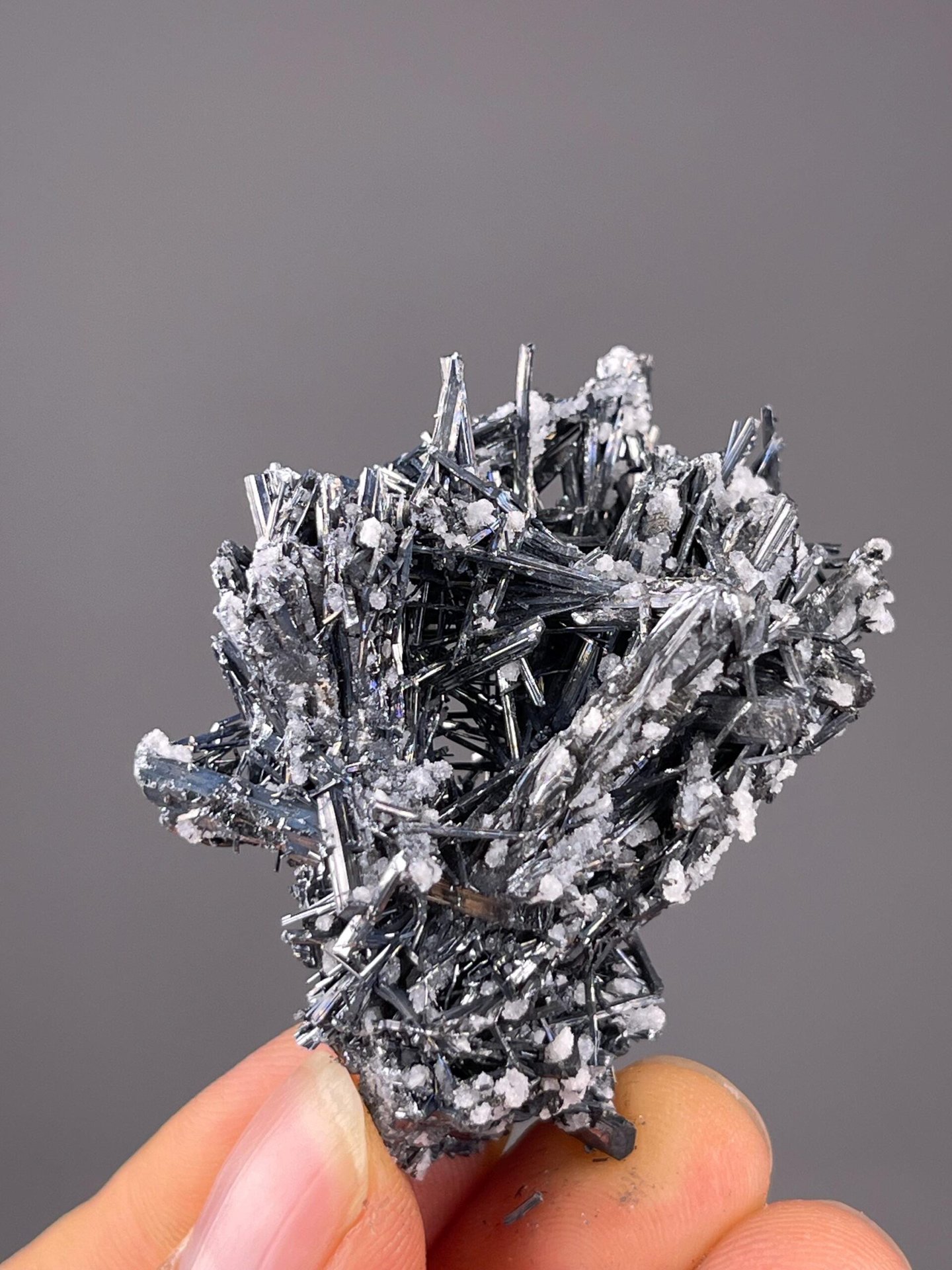 Collector stibnite crystal with calcite from Hunan, China