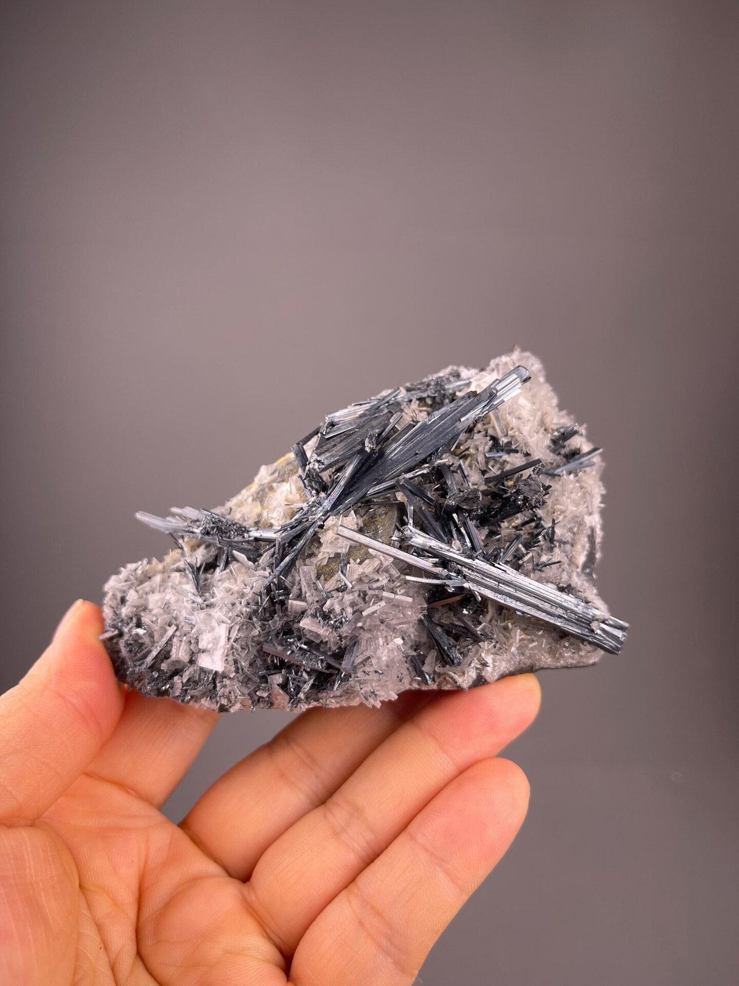 Dense stibnite cluster with clear barite blades, Hunan