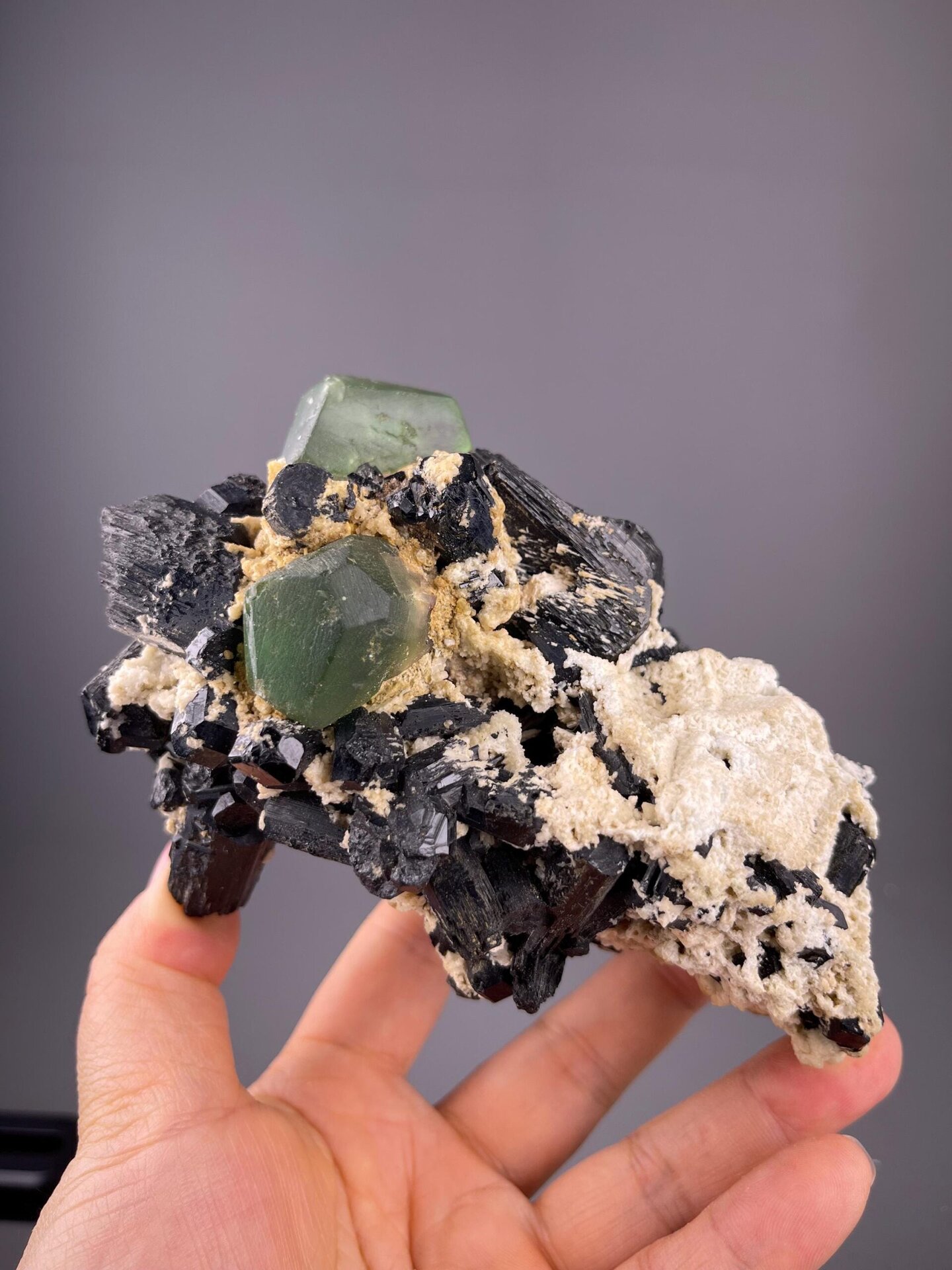 Namibia tourmaline and green fluorite, 19.22 oz, vitreous luster