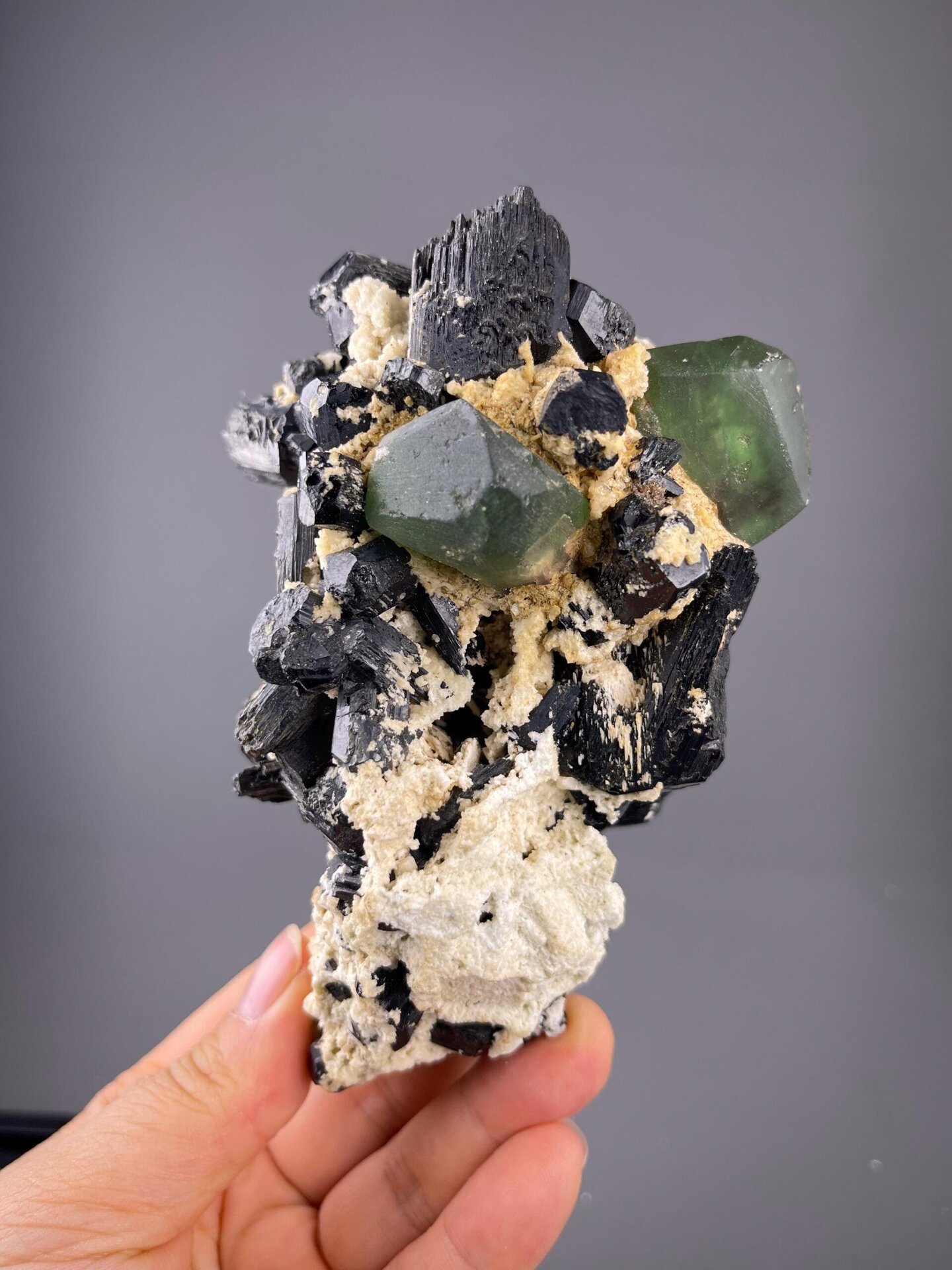 Black tourmaline with green fluorite multi-mineral cluster