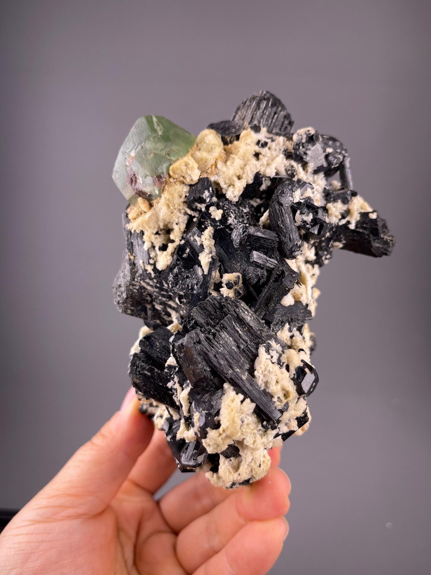 Black and green mineral cluster: tourmaline and fluorite, Namibia