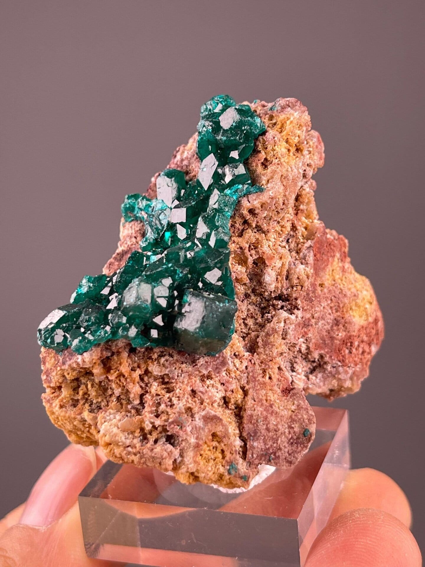 Vivid green dioptase prism cluster from Congo mineral deposit
