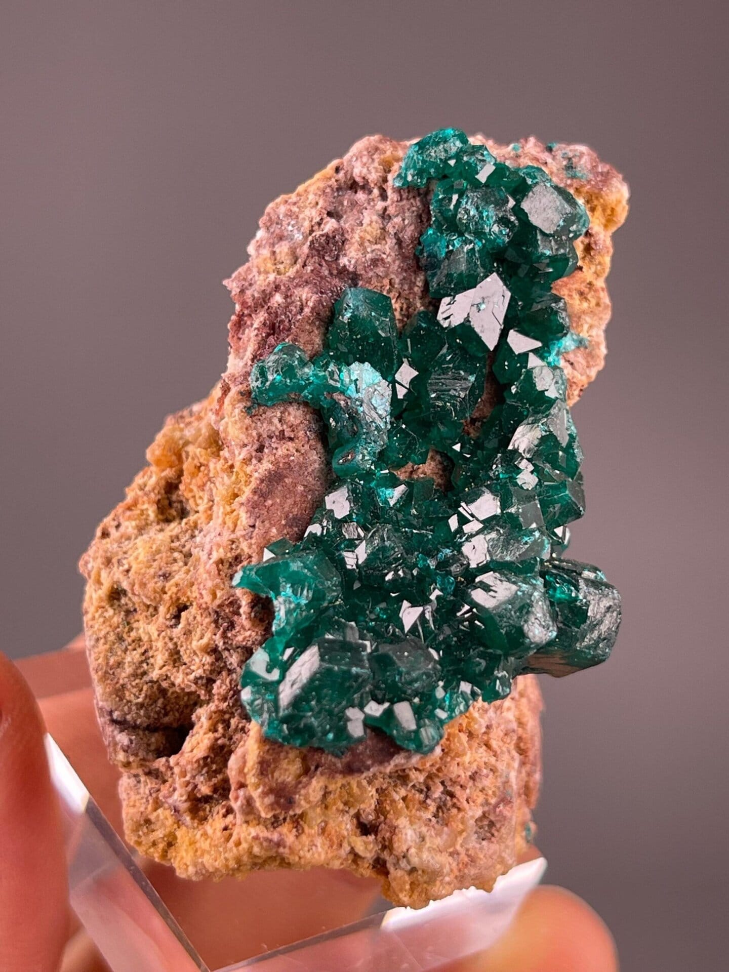 Emerald-green dioptase prisms with brilliant vitreous luster