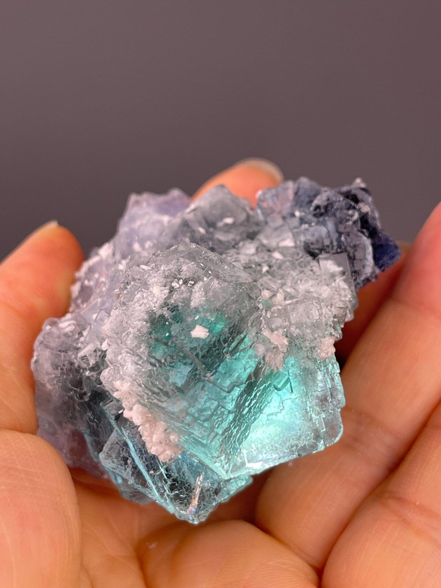 Color-zoned fluorite with three distinct blue and green hues