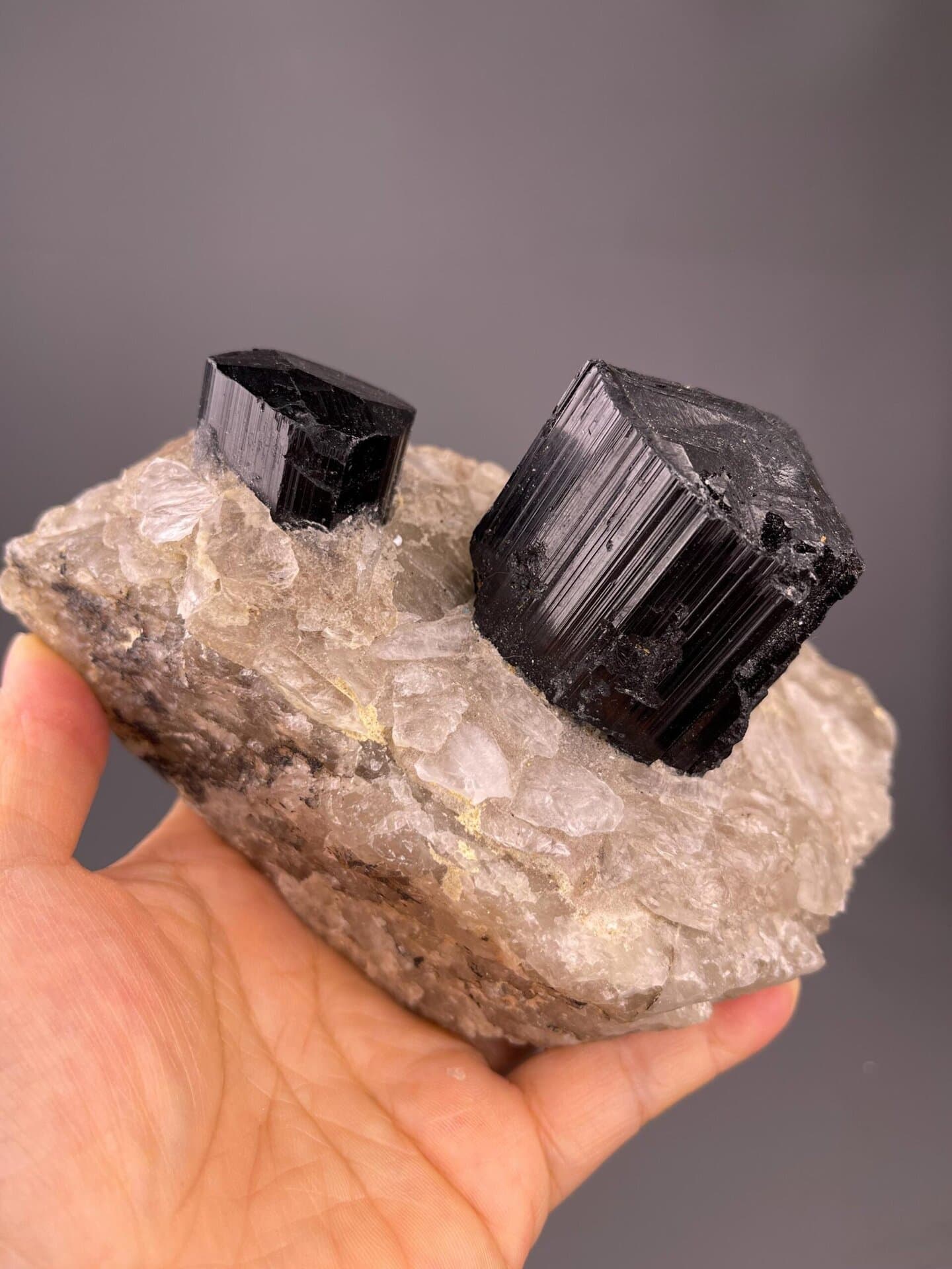 Striated black tourmaline crystals with smoky quartz association