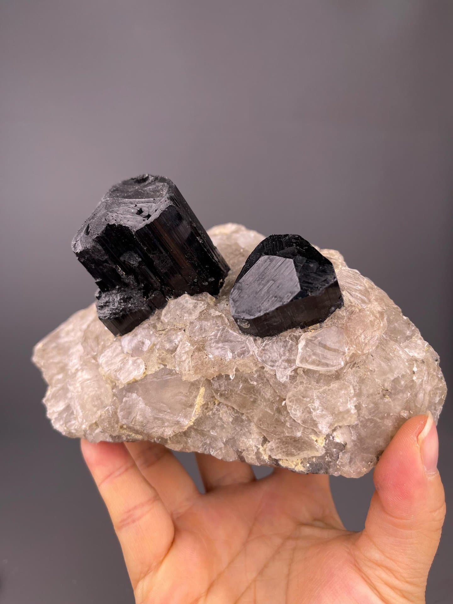 Prismatic black tourmaline in smoky quartz mineral matrix