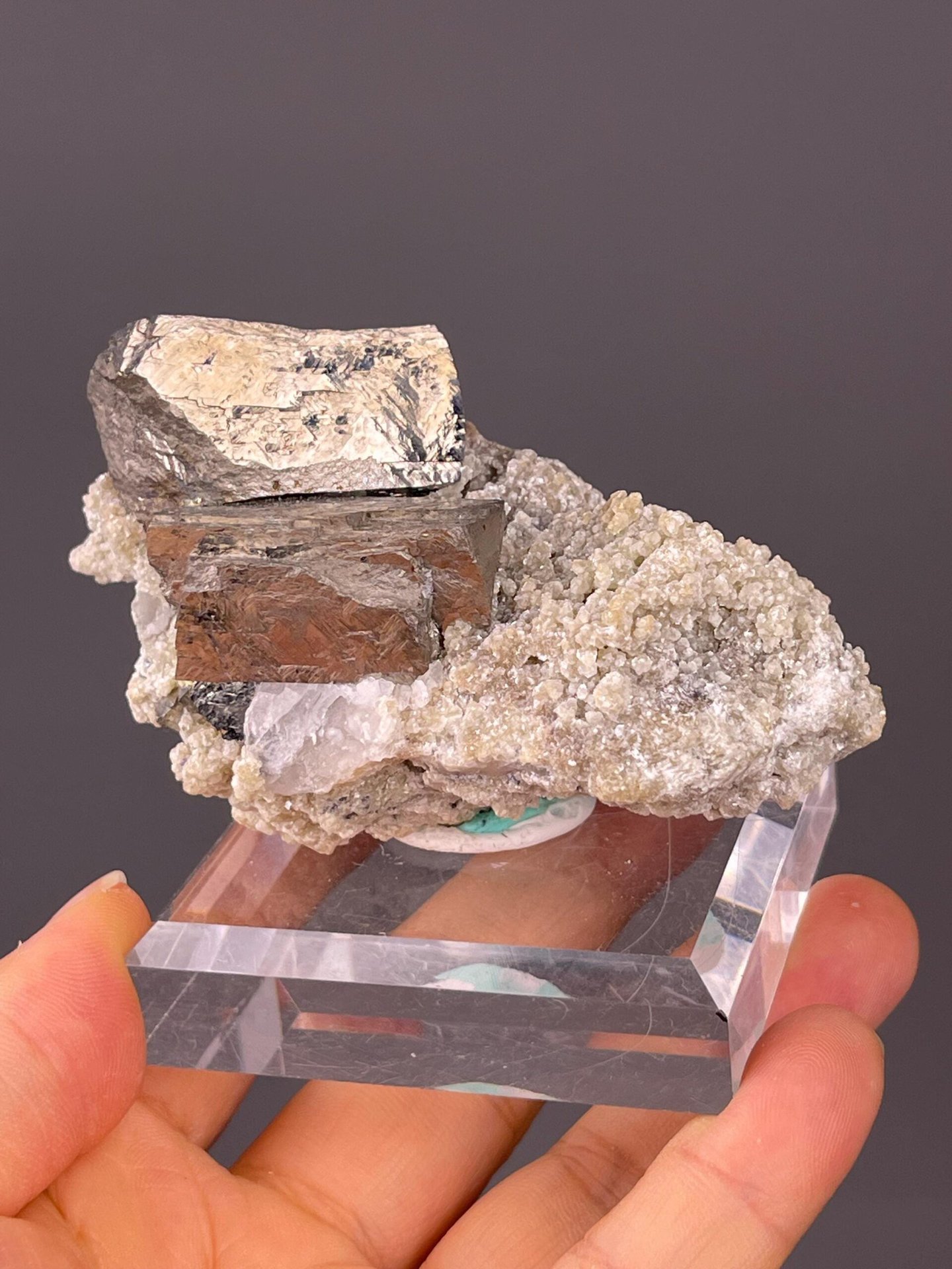 Chalcopyrite on quartz matrix specimen with iridescent metallic surface