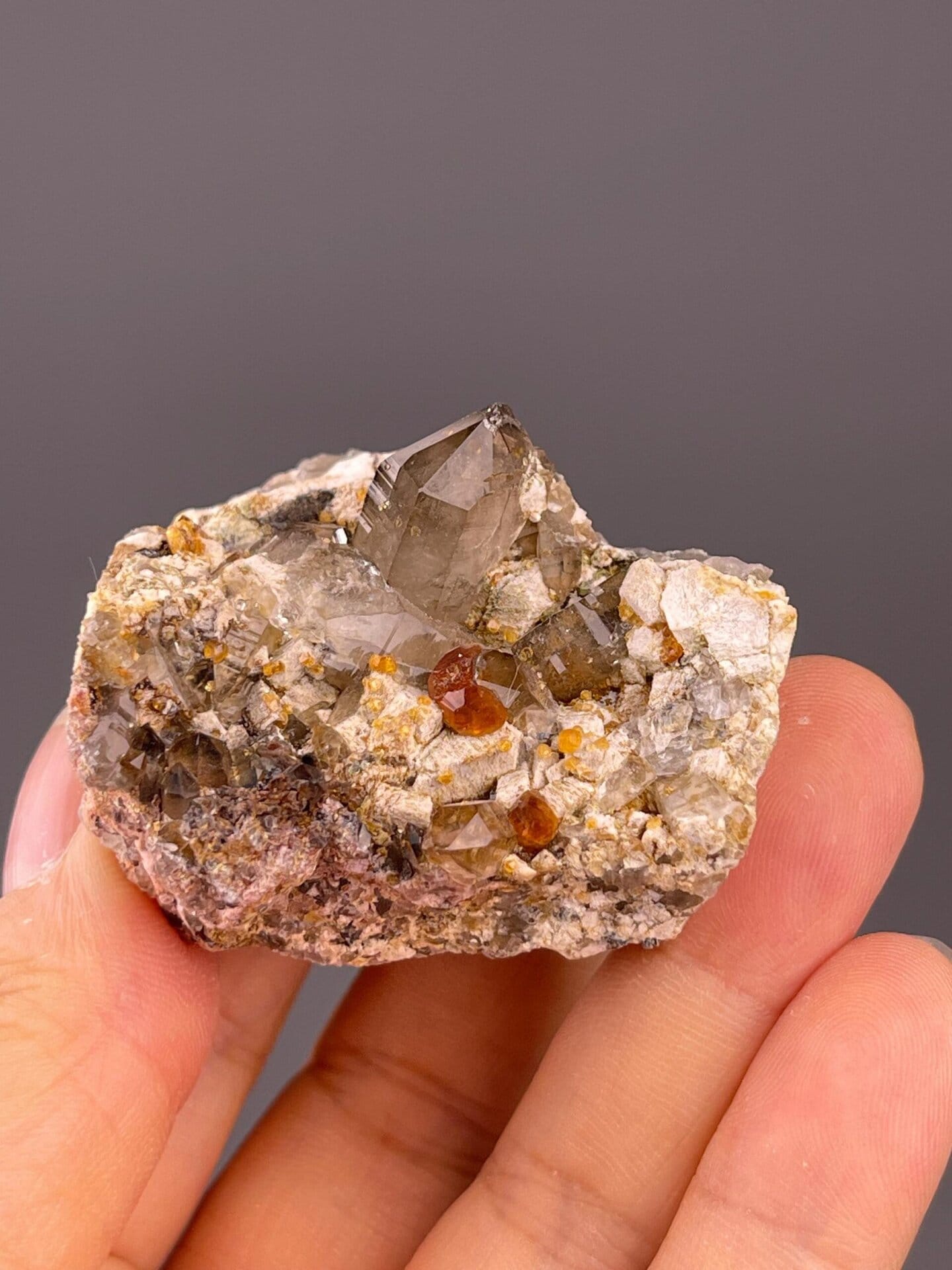 SiO₂ trigonal smoky quartz with isometric garnet and dolomite rhombs