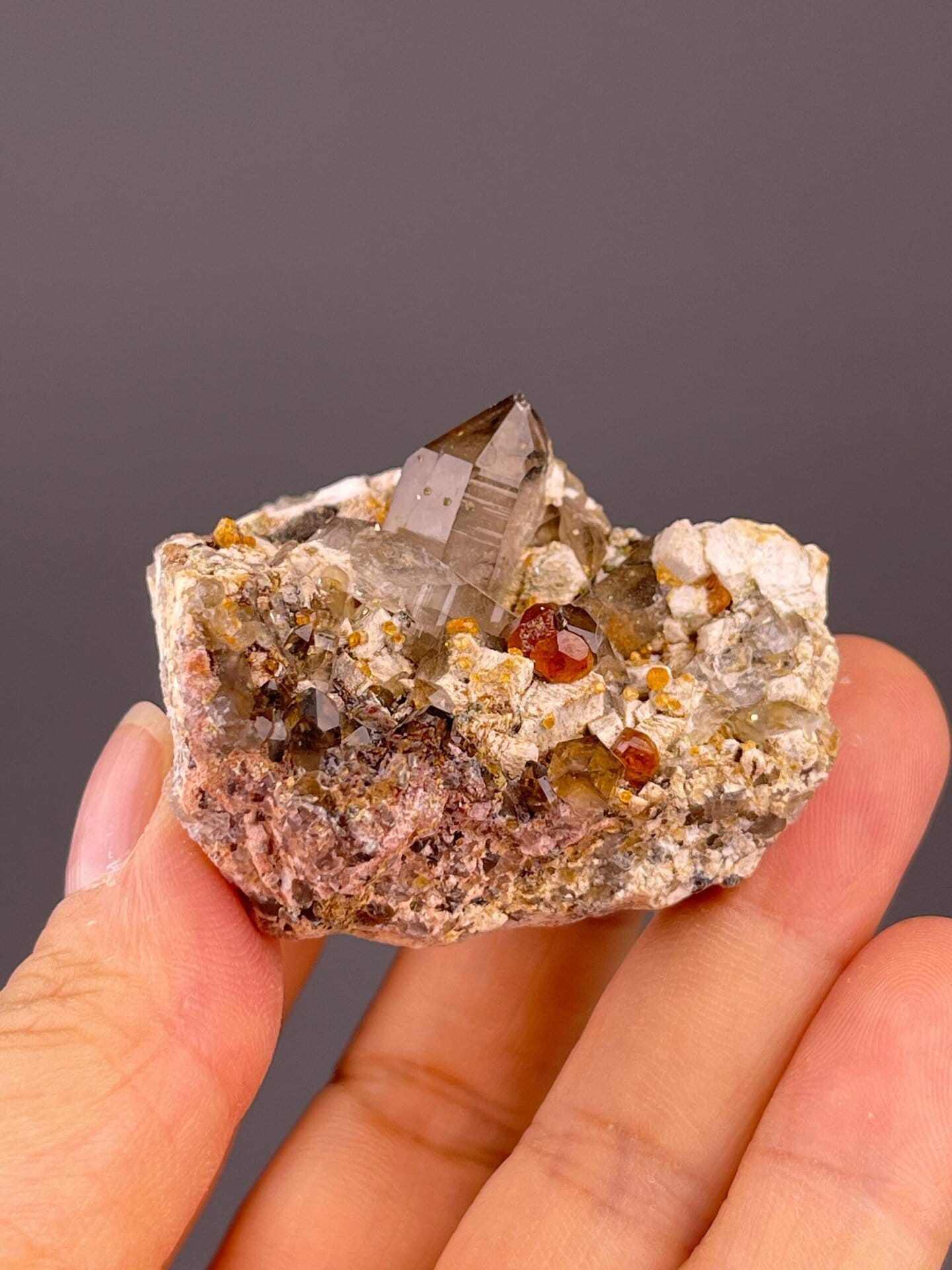 Smoky quartz, garnet, and dolomite combination, 2.12 oz