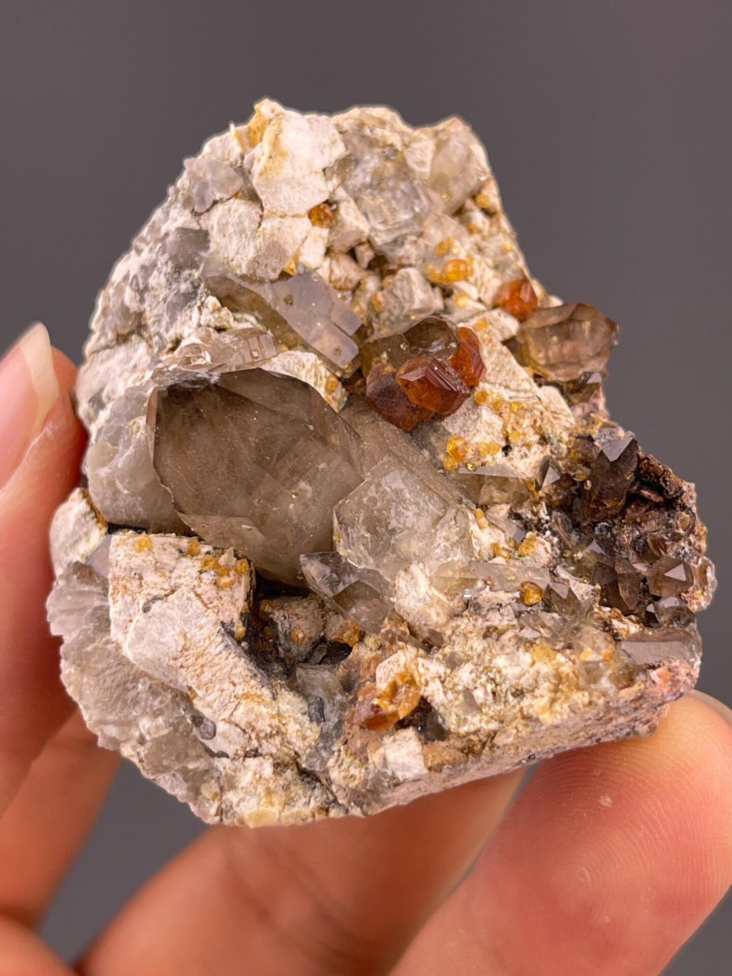 Smoky brown quartz crystal with red garnet and white dolomite