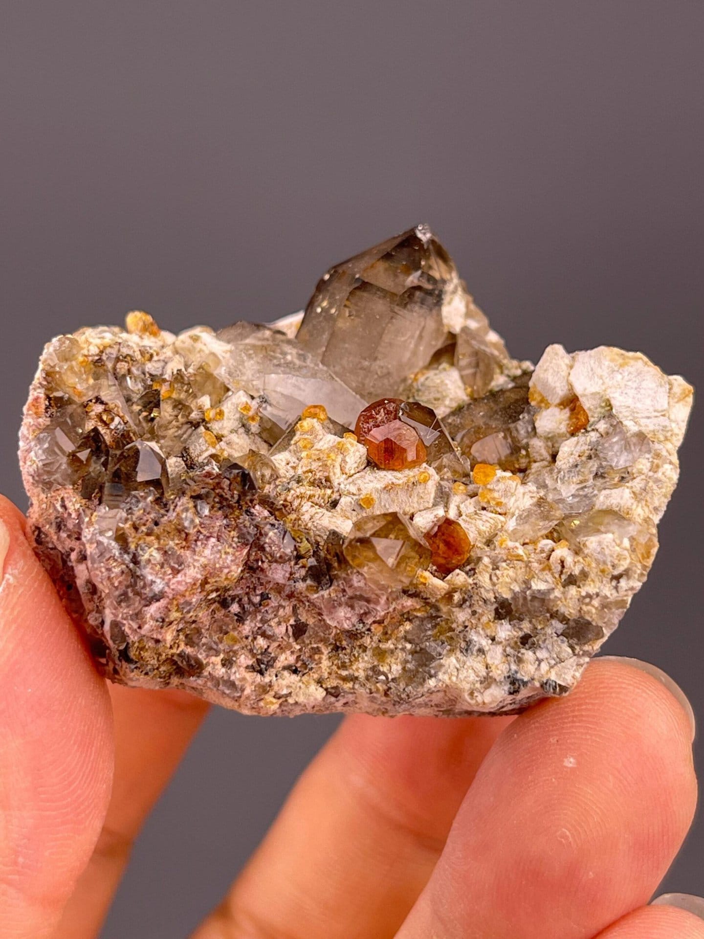Smoky quartz with garnet and dolomite multi-mineral specimen
