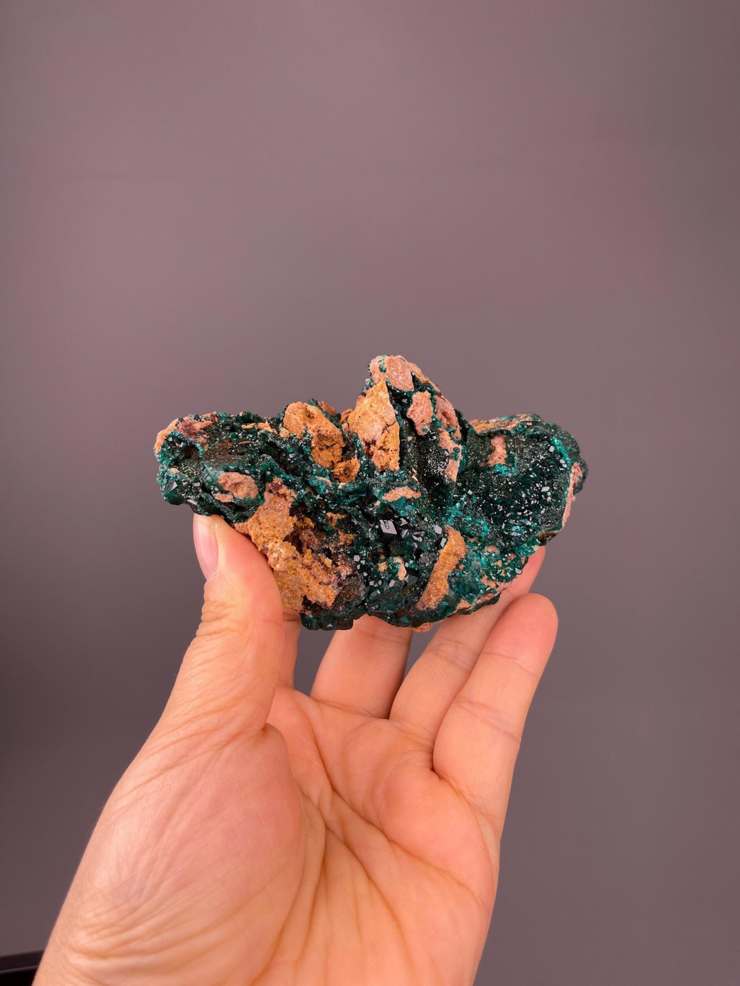 Emerald-green dioptase hexagonal prisms on red-brown matrix