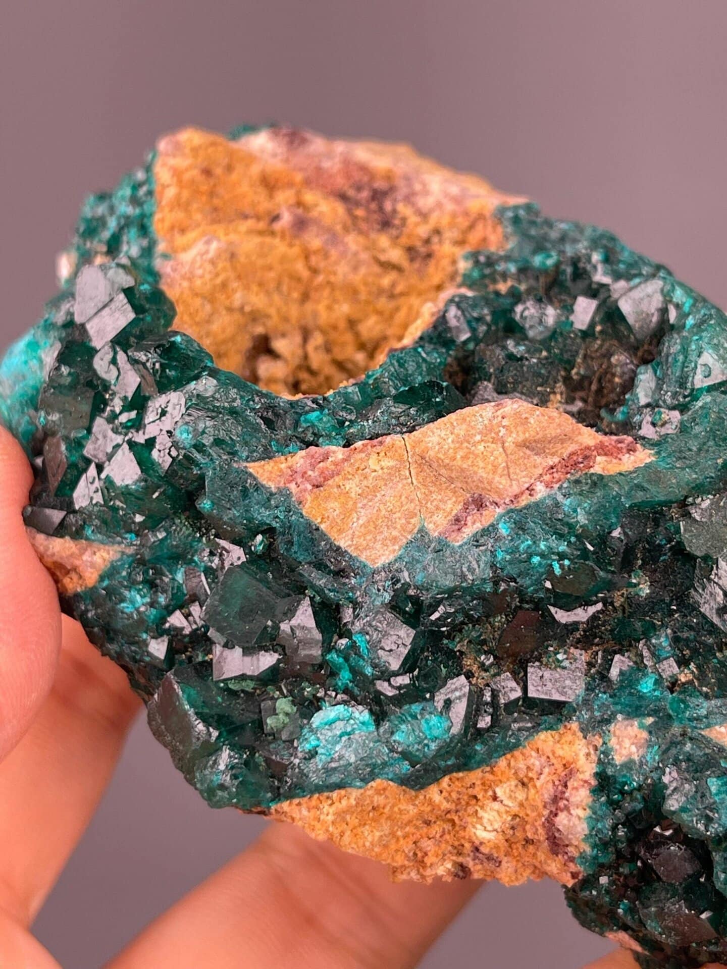 Vivid green dioptase crystals contrasting with iron-rich matrix
